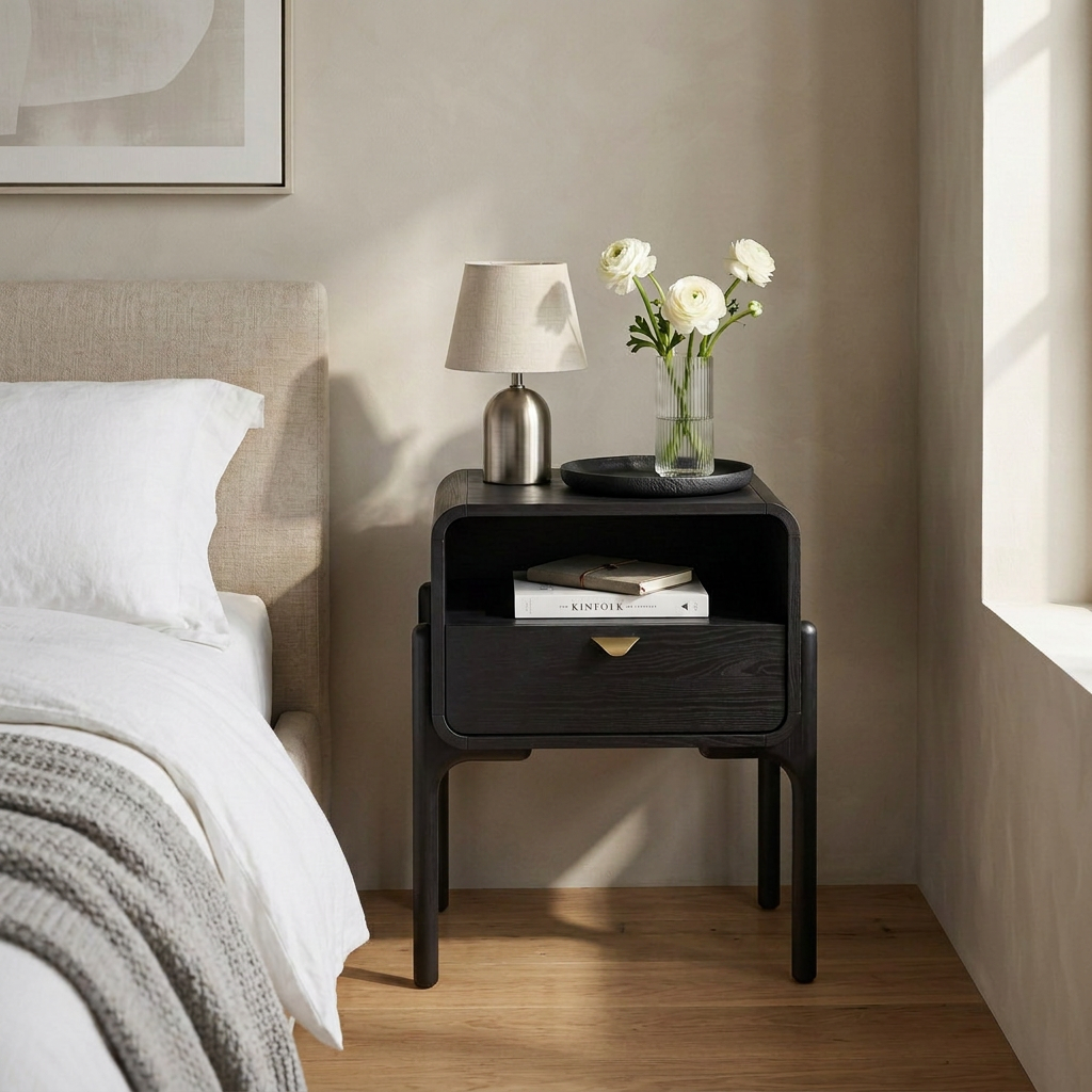 Mesa de cabeceira preta em quarto com cama, abajur de cúpula de tecido e vaso de flores brancas