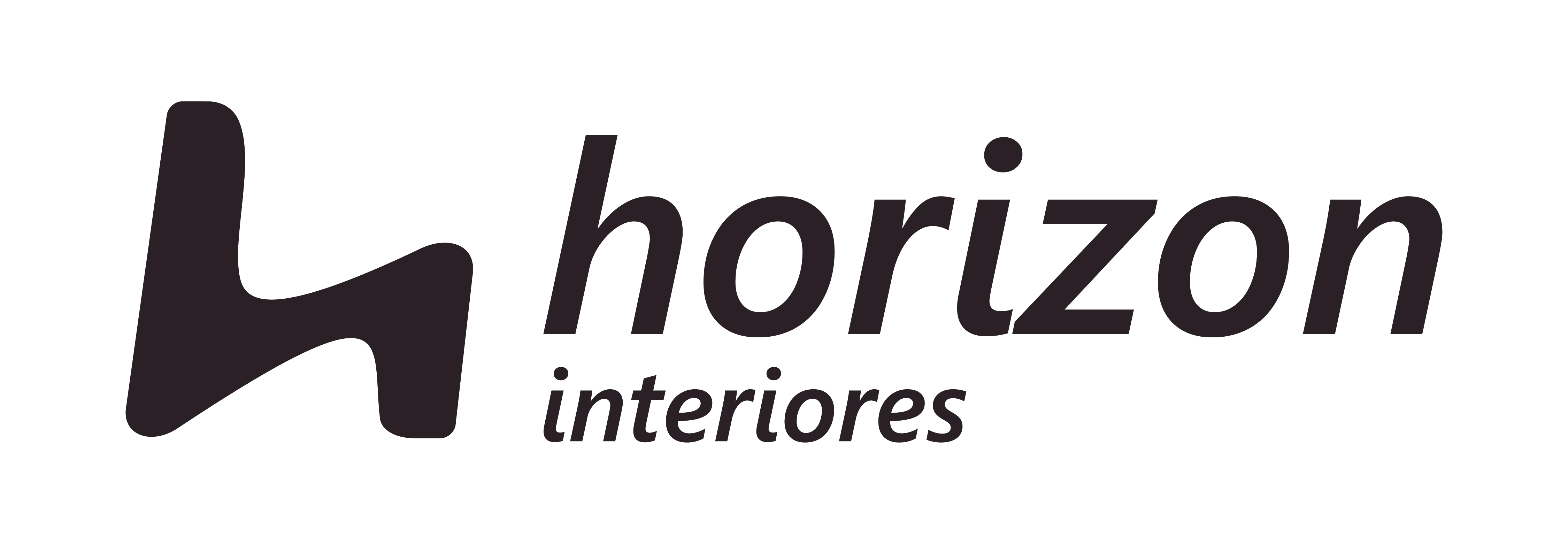 Logo minimalista escrito horizon interiores em preto, design moderno para móveis e decoração