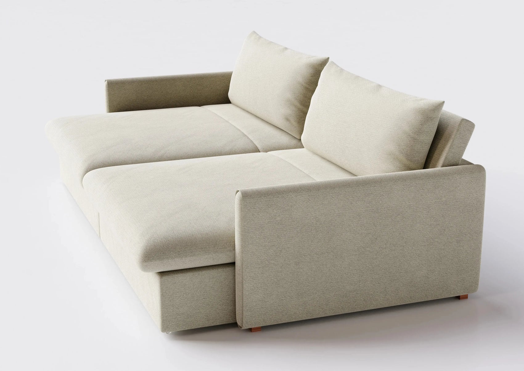 Sofá-cama bege contemporâneo com linhas retas em ambiente minimalista, perfeito para sala de estar