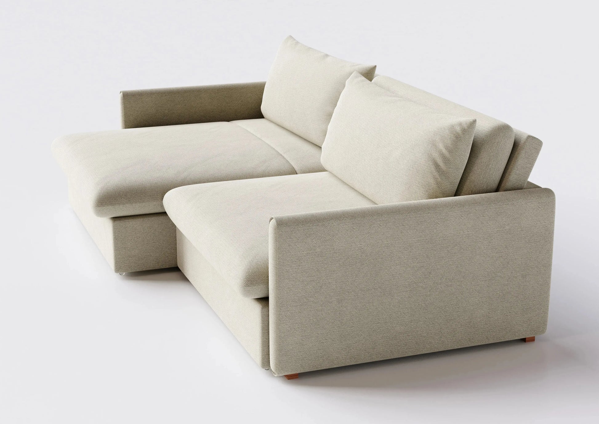 Sofá retrátil em tecido bege, design contemporâneo, ideal para sala de estar moderna