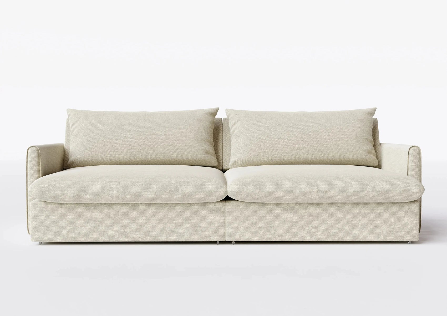 Sofá moderno bege de dois lugares com almofadas grandes, design contemporâneo para sala de estar.