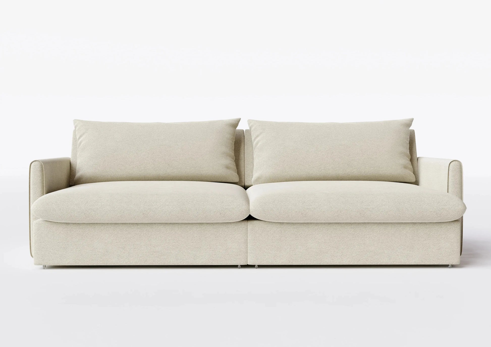 Sofá moderno bege de dois lugares com almofadas grandes, design contemporâneo para sala de estar.