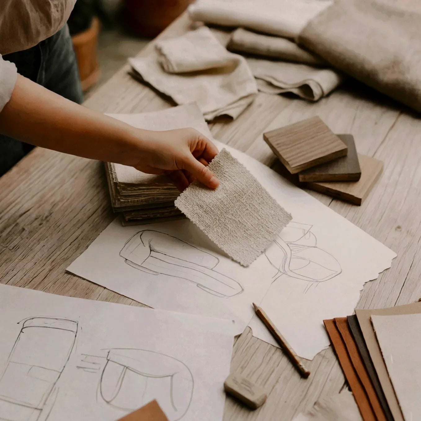 Mão segurando amostra de tecido bege sobre mesa com croquis de móveis, madeiras e tecidos para decoração.