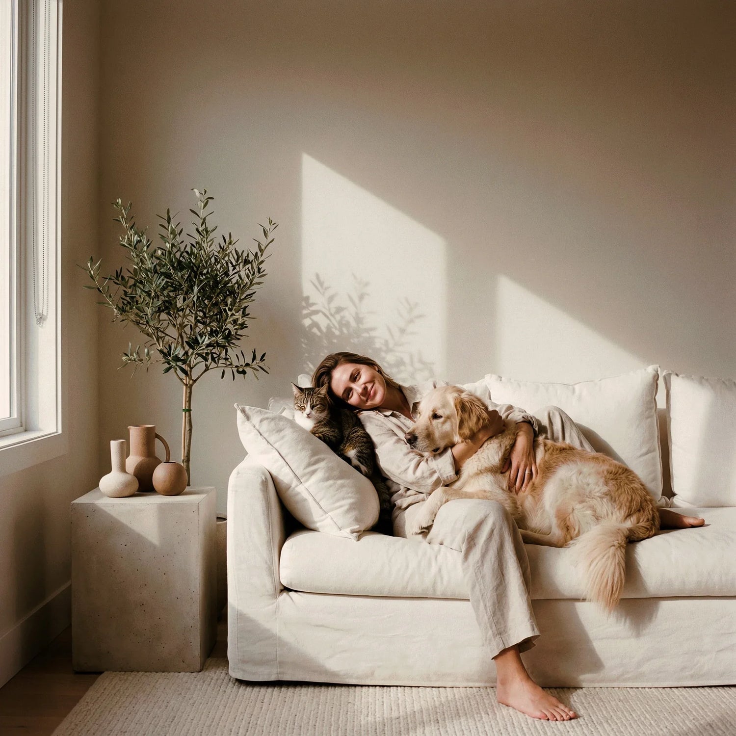 Sofá bege com mulher relaxando, acompanhada de cachorro e gato, decoração minimalista