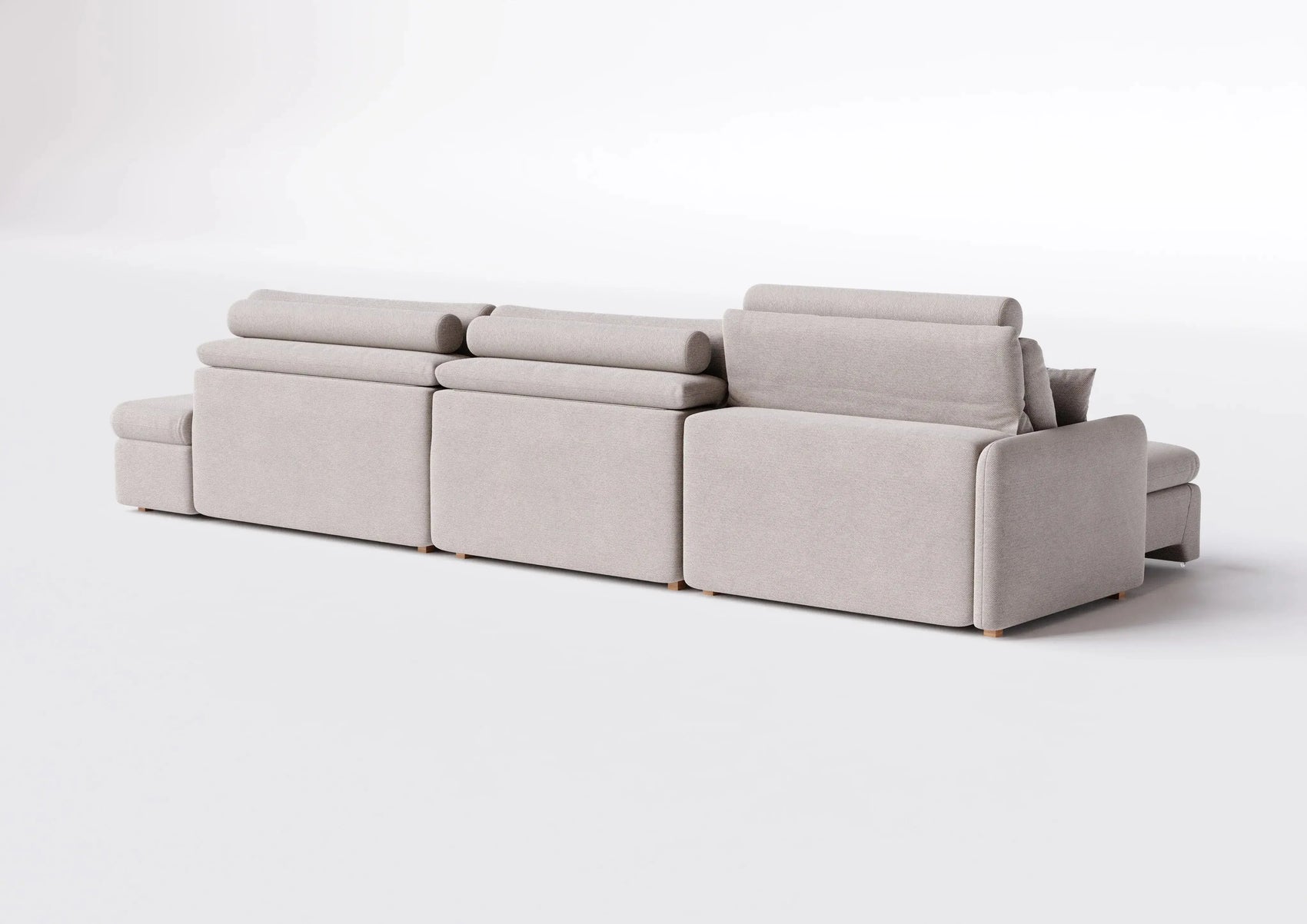 Sofá modular cinza claro visto por trás, design contemporâneo, estofado premium