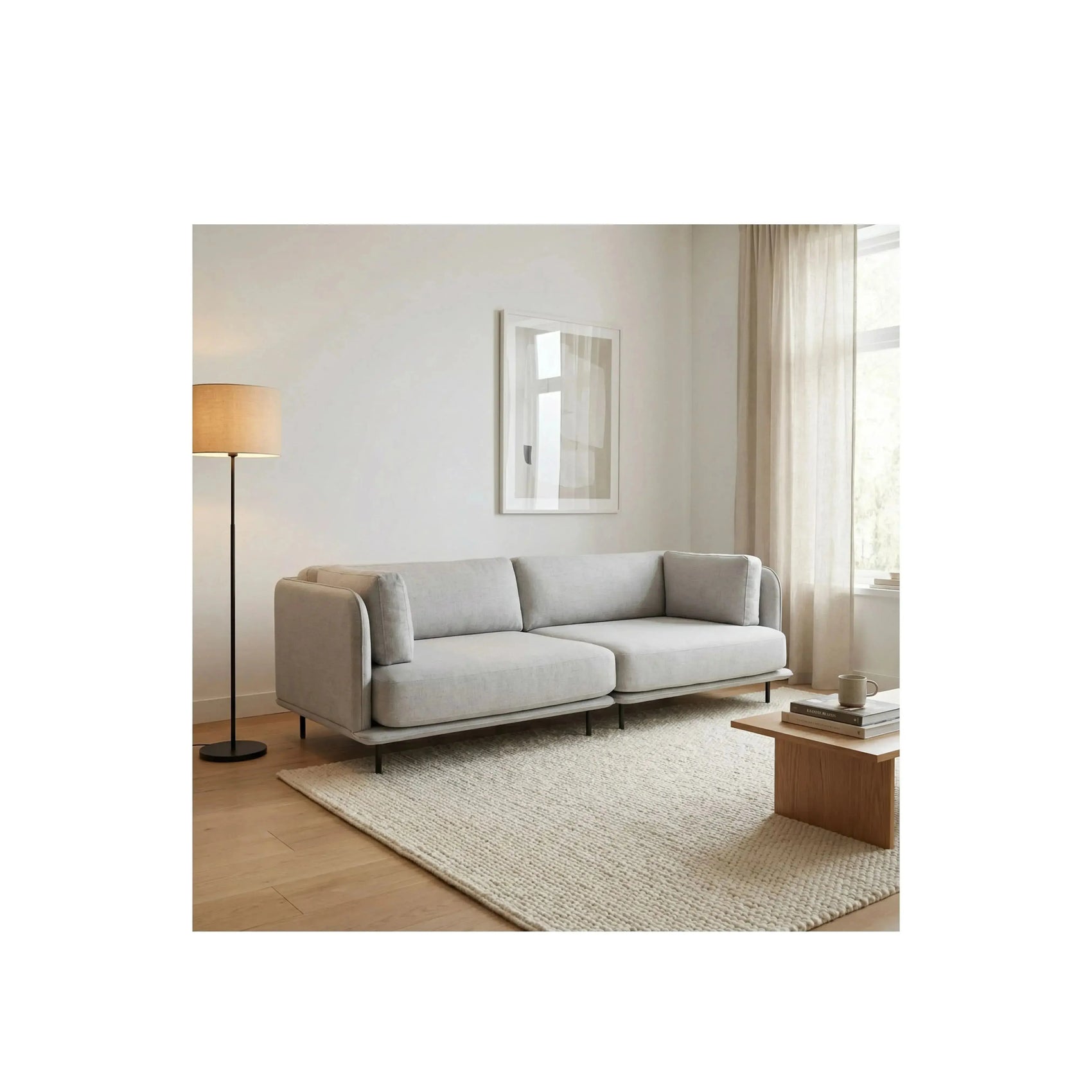 Sofá Albatroz – sofá minimalista com almofadas soltas e braço discreto