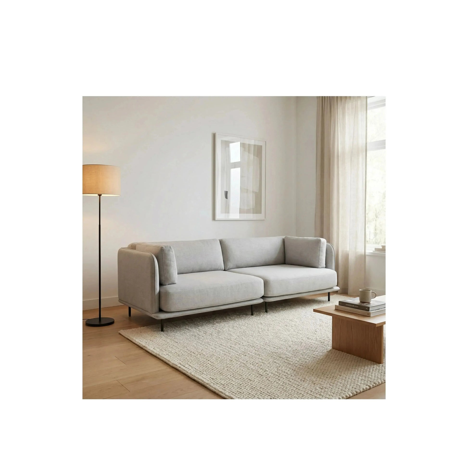 Sofá Albatroz – sofá minimalista com almofadas soltas e braço discreto