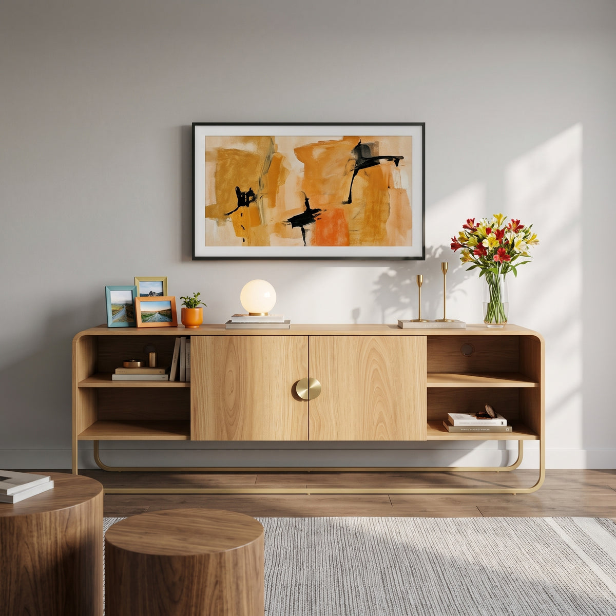 Rack amadeirado em sala de estar com quadro abstrato, vaso de flores e mesas de apoio redondas