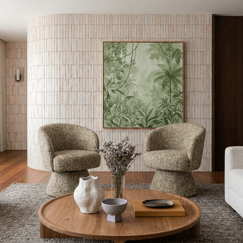 Par de poltronas giratórias em sala de estar com mesa de centro redonda de madeira