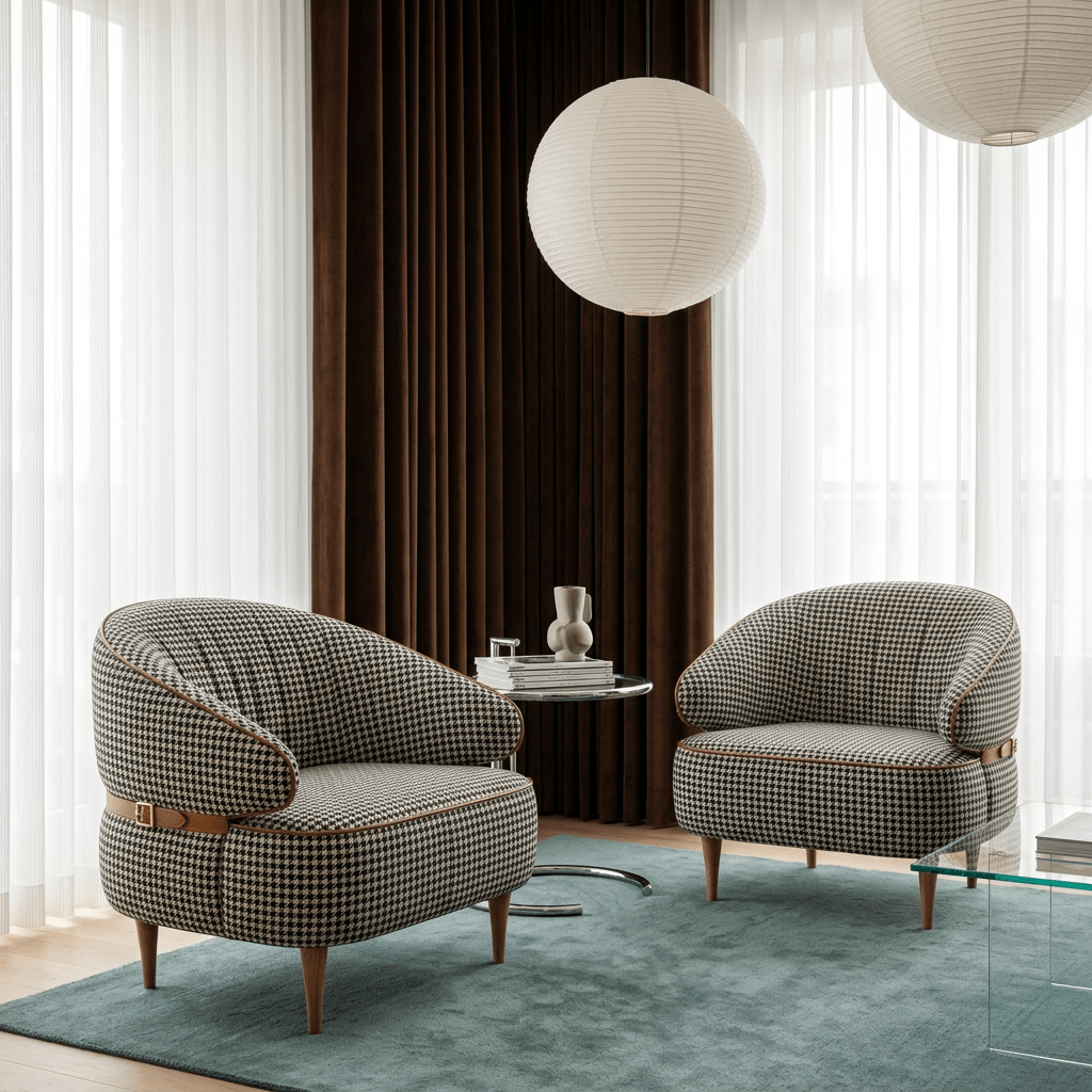 Par de poltronas com cinto e fivela em sala de estar com cortinas e luminárias pendentes