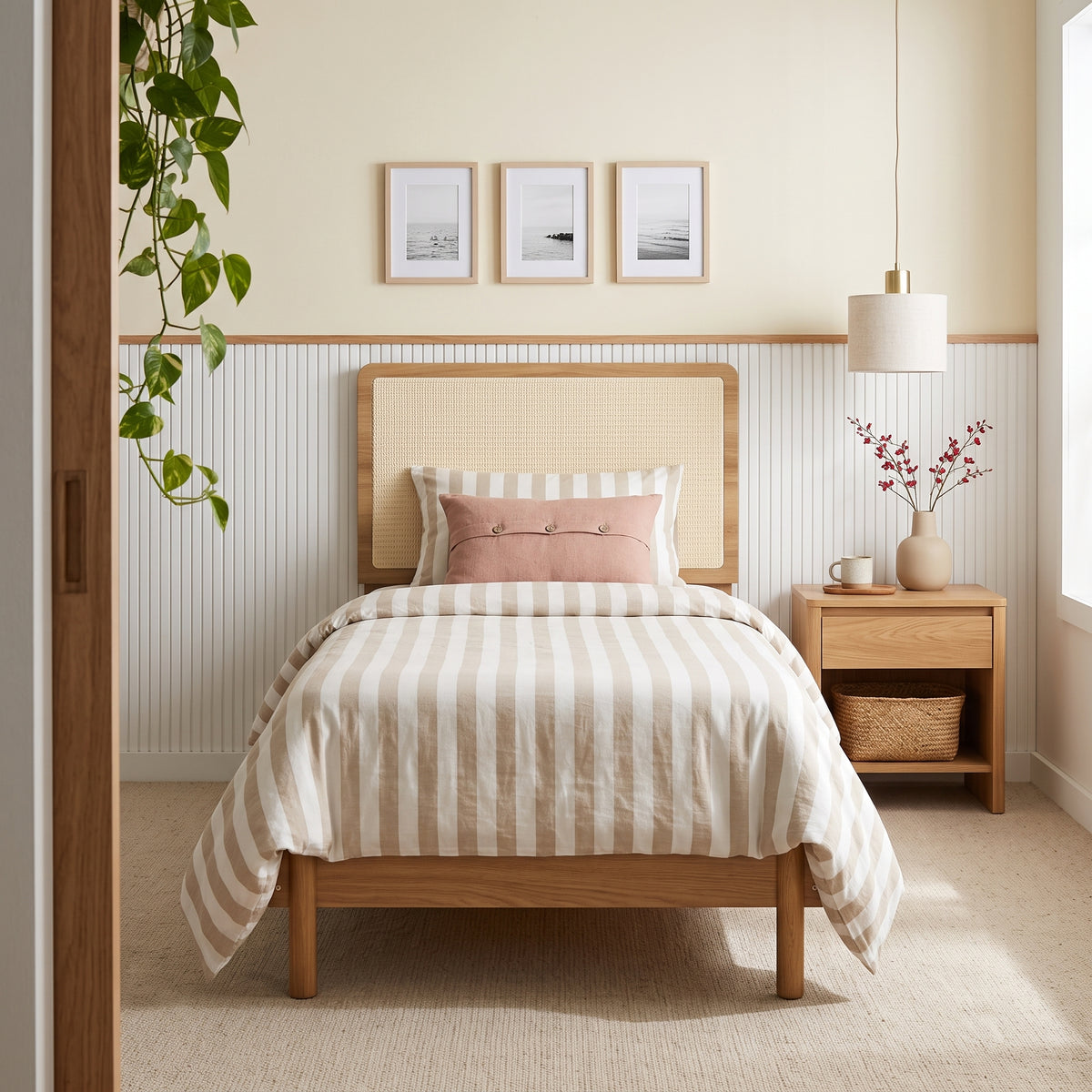 Cama de solteiro em quarto com roupa de cama listrada, mesa de cabeceira com cesto e luminária pendente