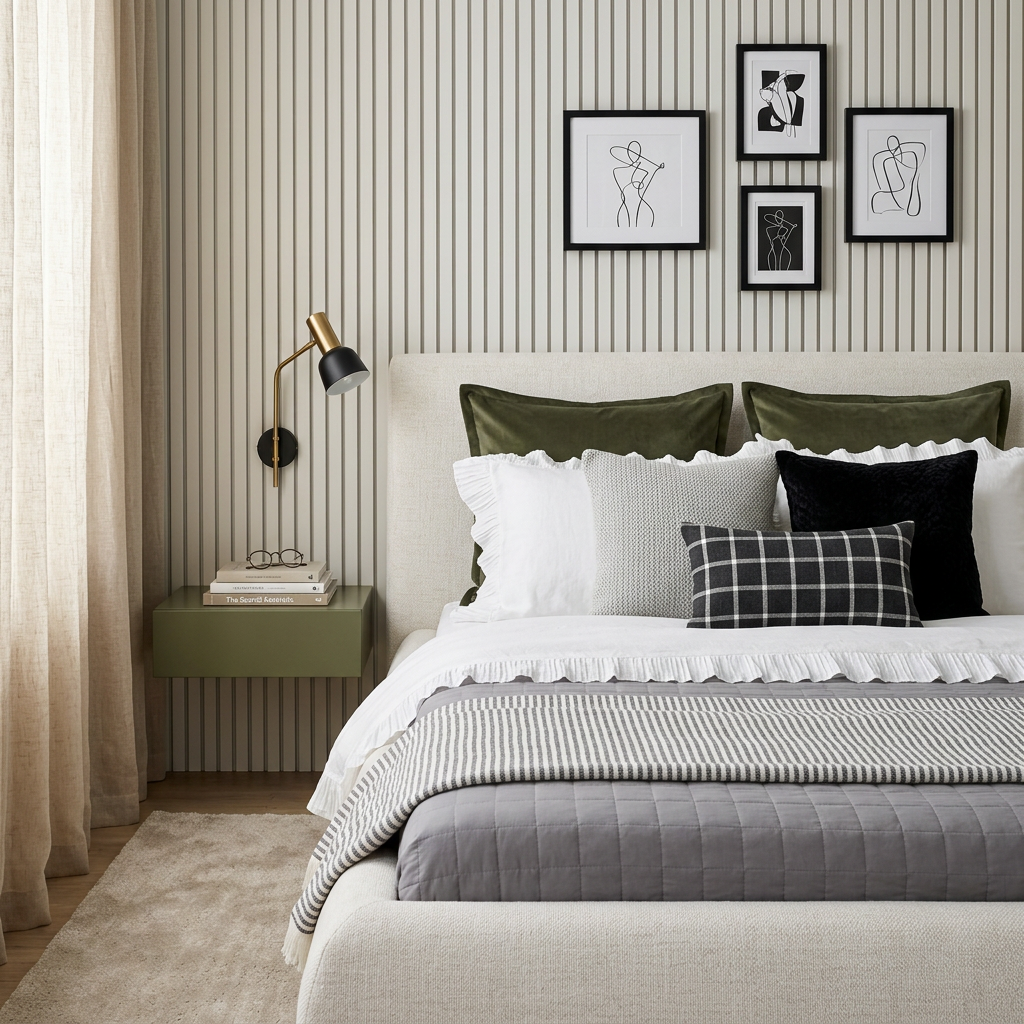 Cama estofada com almofadas e manta listrada