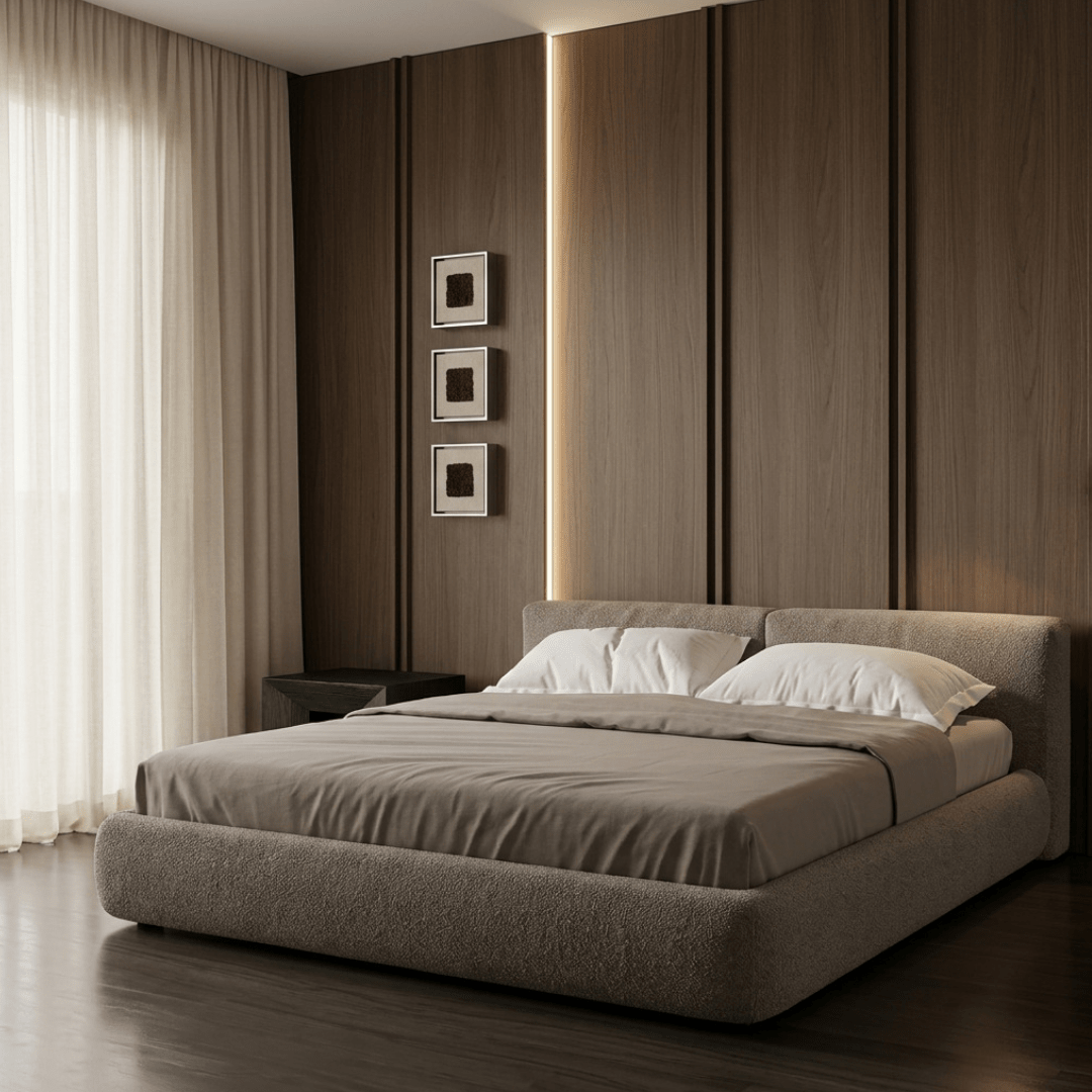 Cama estofada de cabeceira em bloco em quarto com painéis de madeira, iluminação vertical e cortinas claras