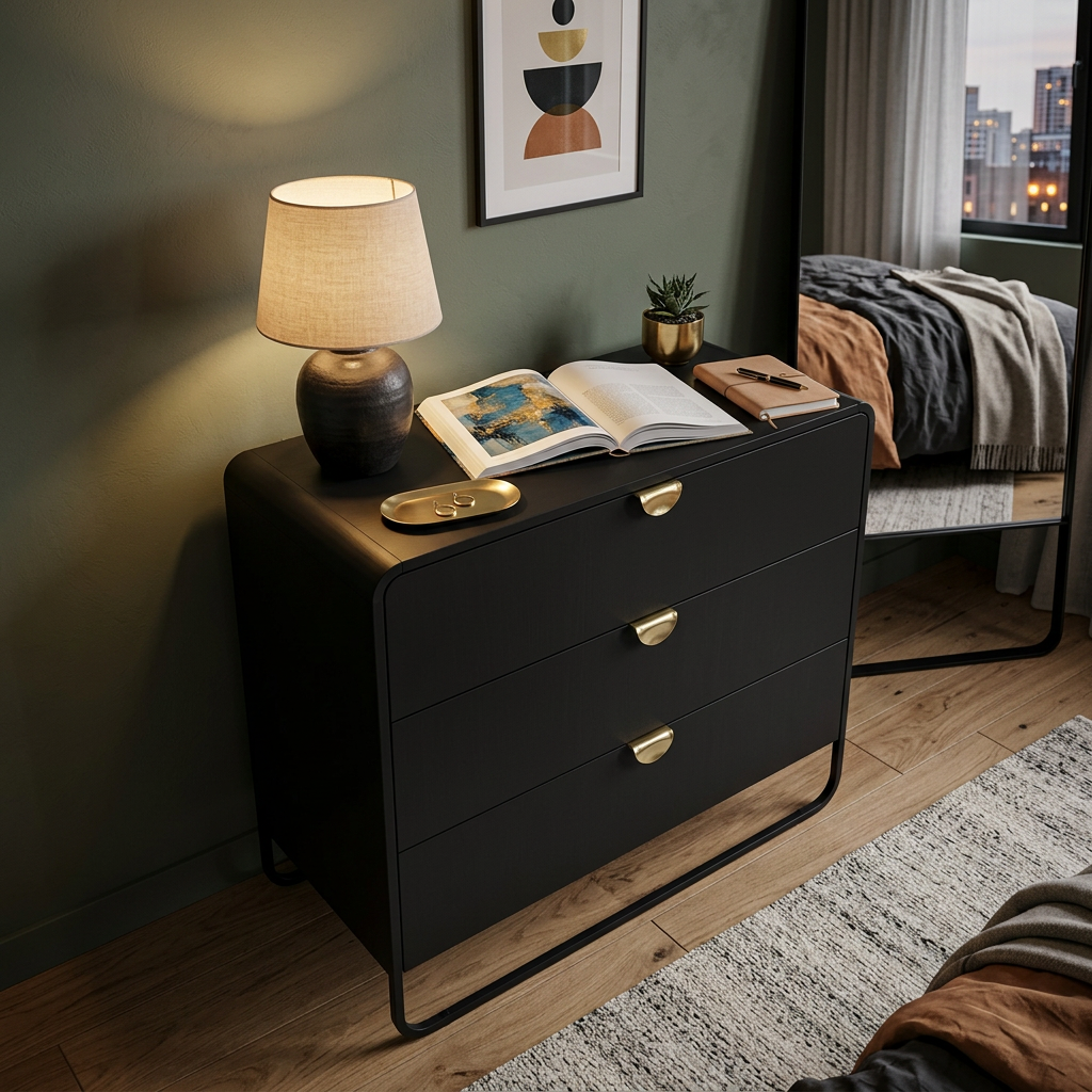 Cômoda preta em quarto com abajur, livro aberto sobre o tampo e quadro na parede