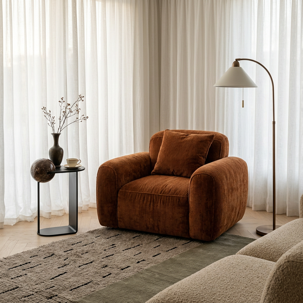 Poltrona em tecido canelado em sala de estar com cortinas, luminária de piso e mesa lateral
