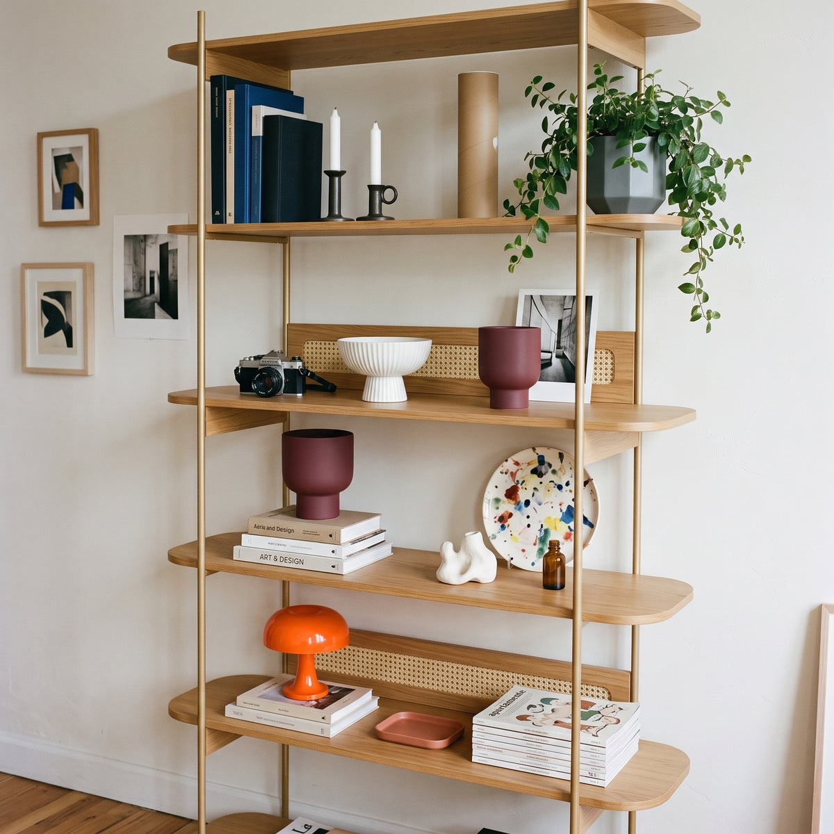Estante em sala de estar com quadros na parede, livros, plantas e objetos decorativos nas prateleiras