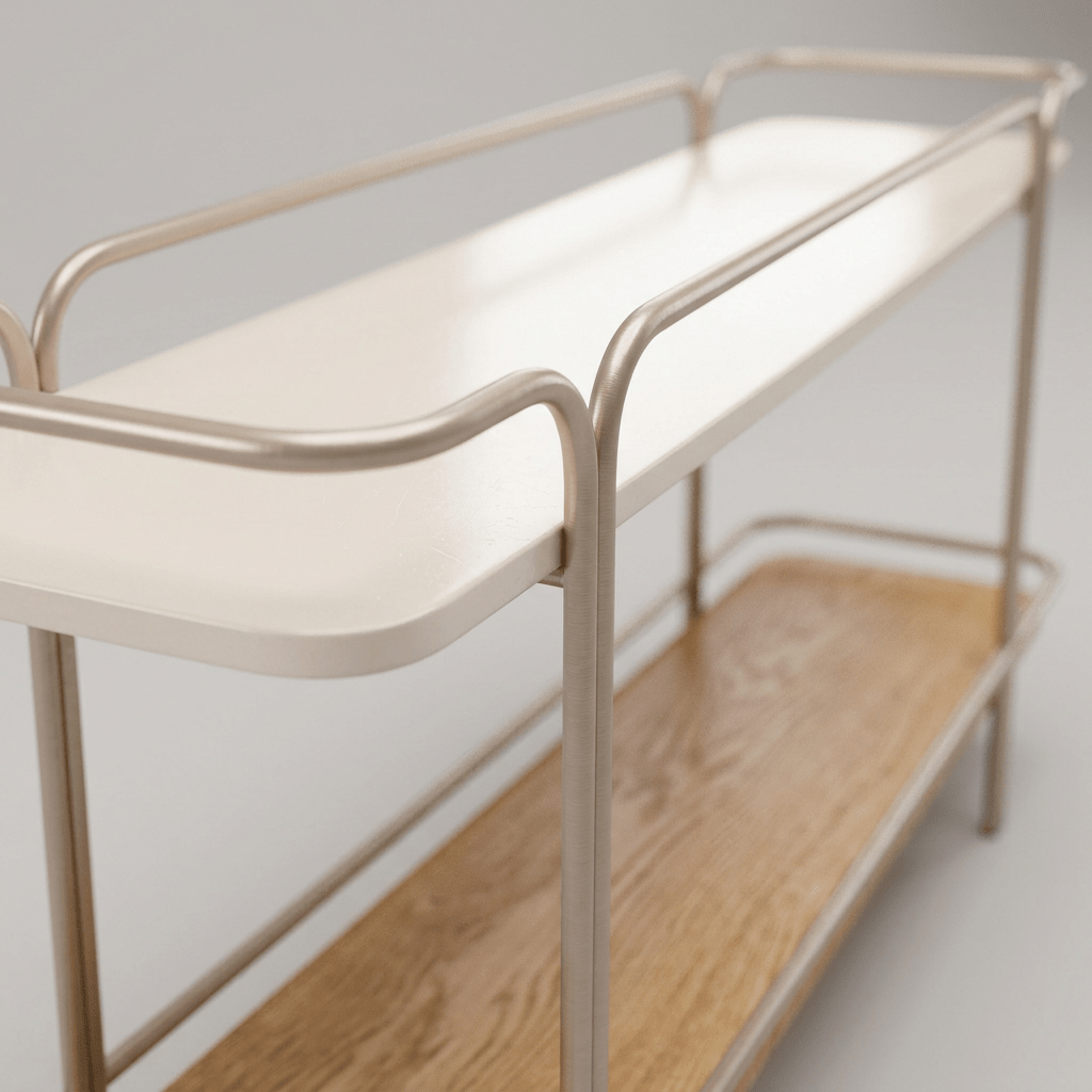 Detalhe do tampo liso com borda tubular de aço curvada nas pontas