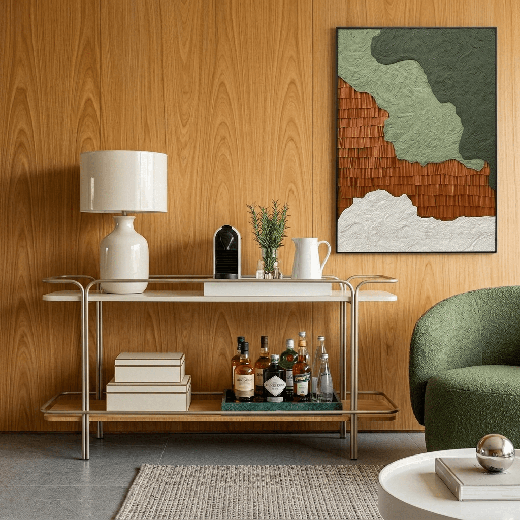 Aparador vazado em sala de estar com painel de madeira, quadro texturizado e poltrona arredondada