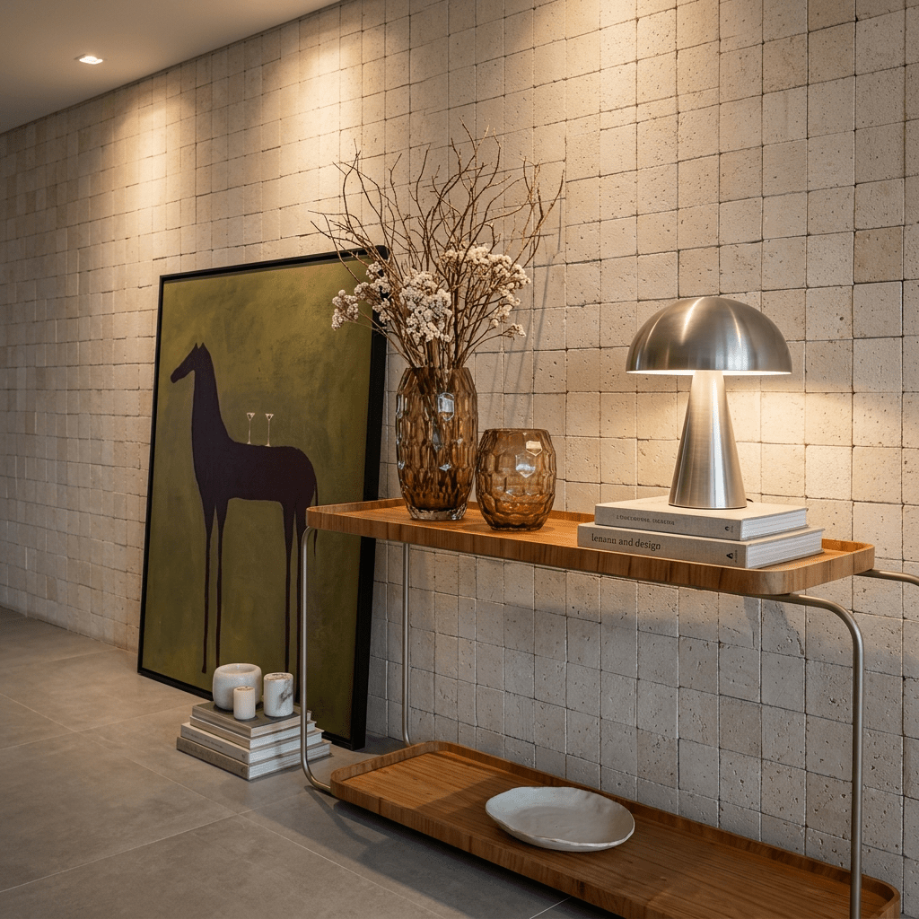 Aparador em hall com parede de pedra, quadro apoiado no chão e luminária de mesa