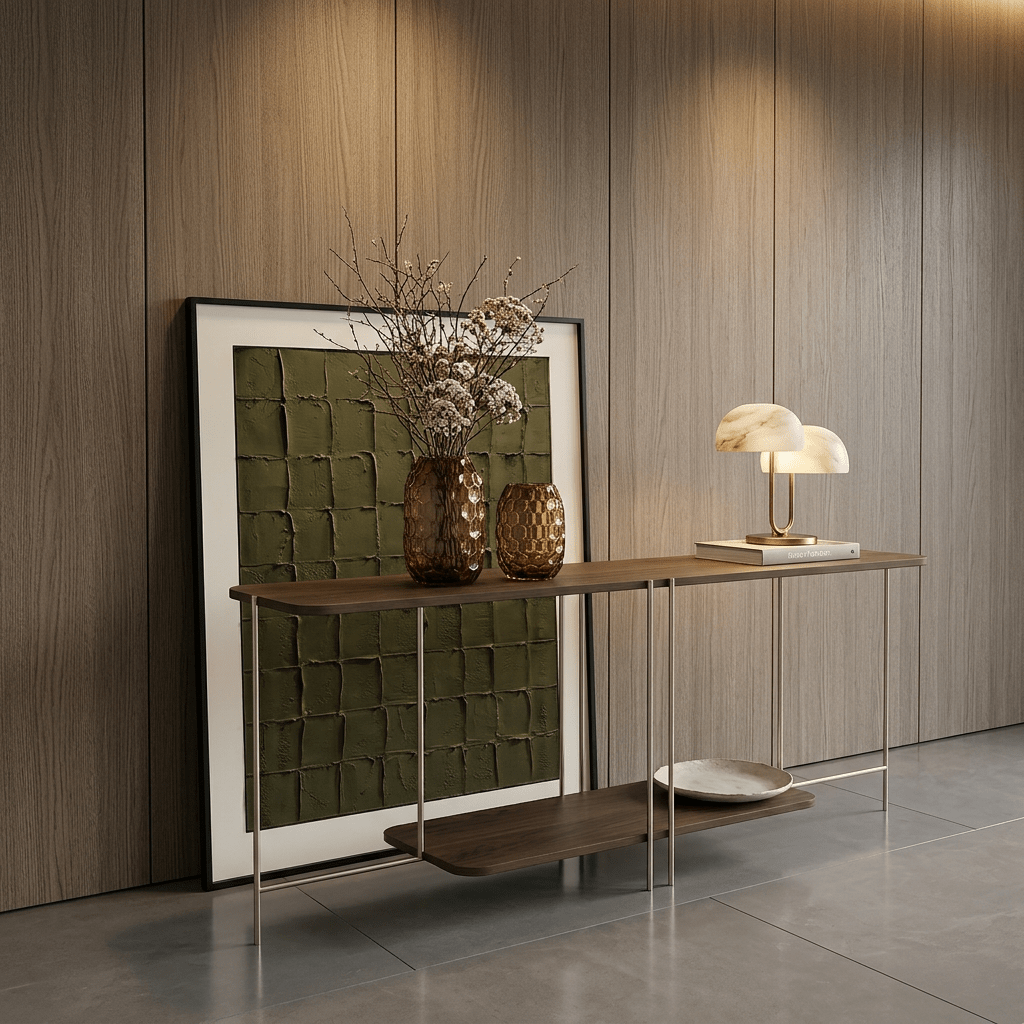 Aparador em hall com painel de madeira, quadro apoiado no chão e luminária de mesa