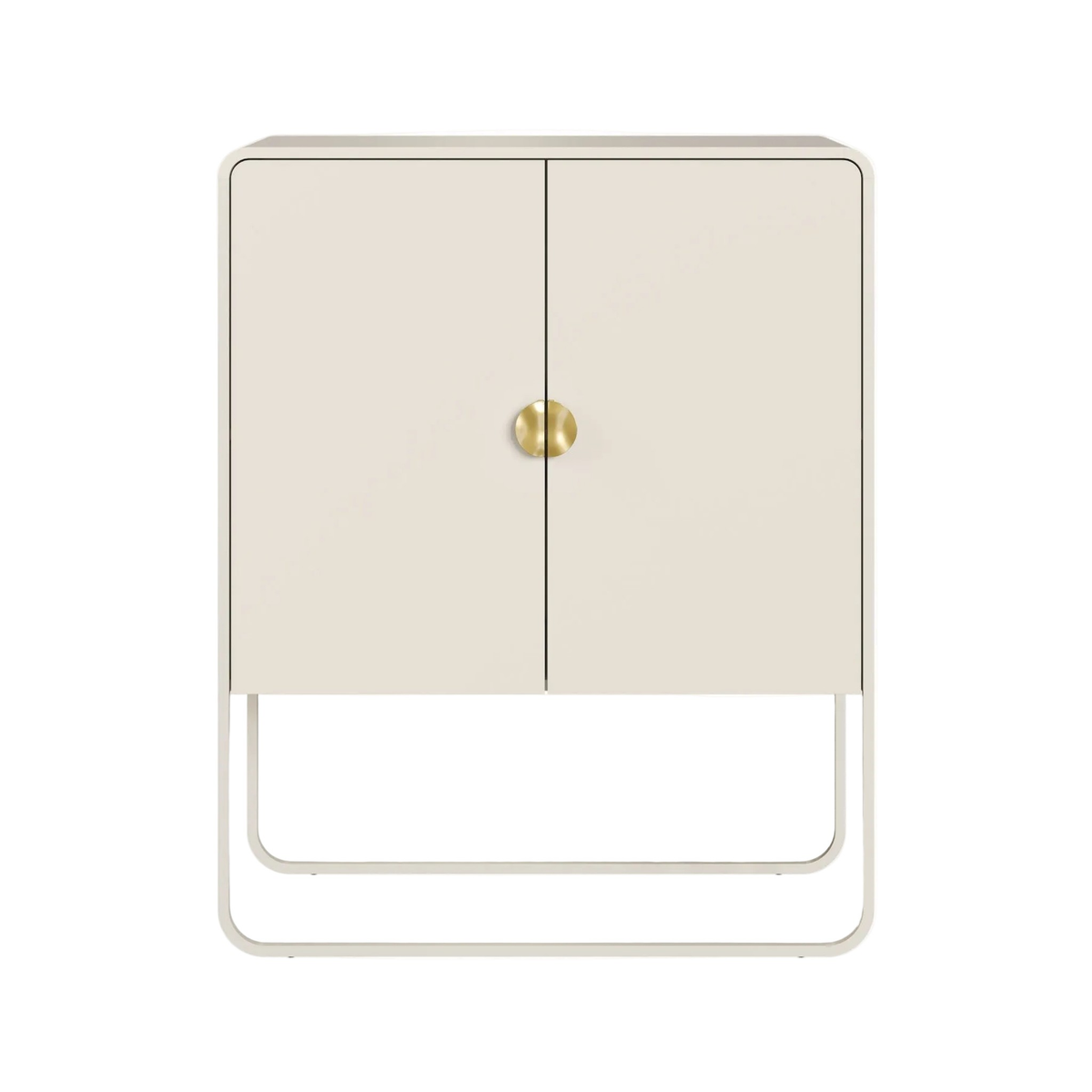 Armário bar offwhite com duas portas, puxador dourado redondo e estrutura offwhite elevada, vista frontal