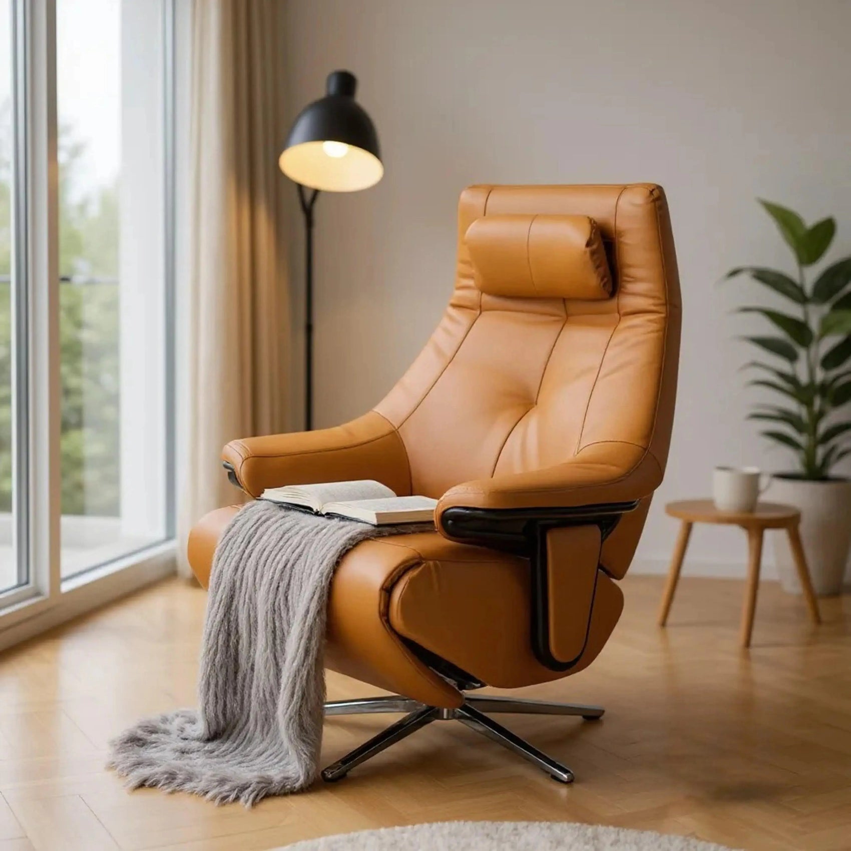 Poltrona Elétrica Aslan – poltrona em couro camel com chaise elétrico e bateria de emergência
