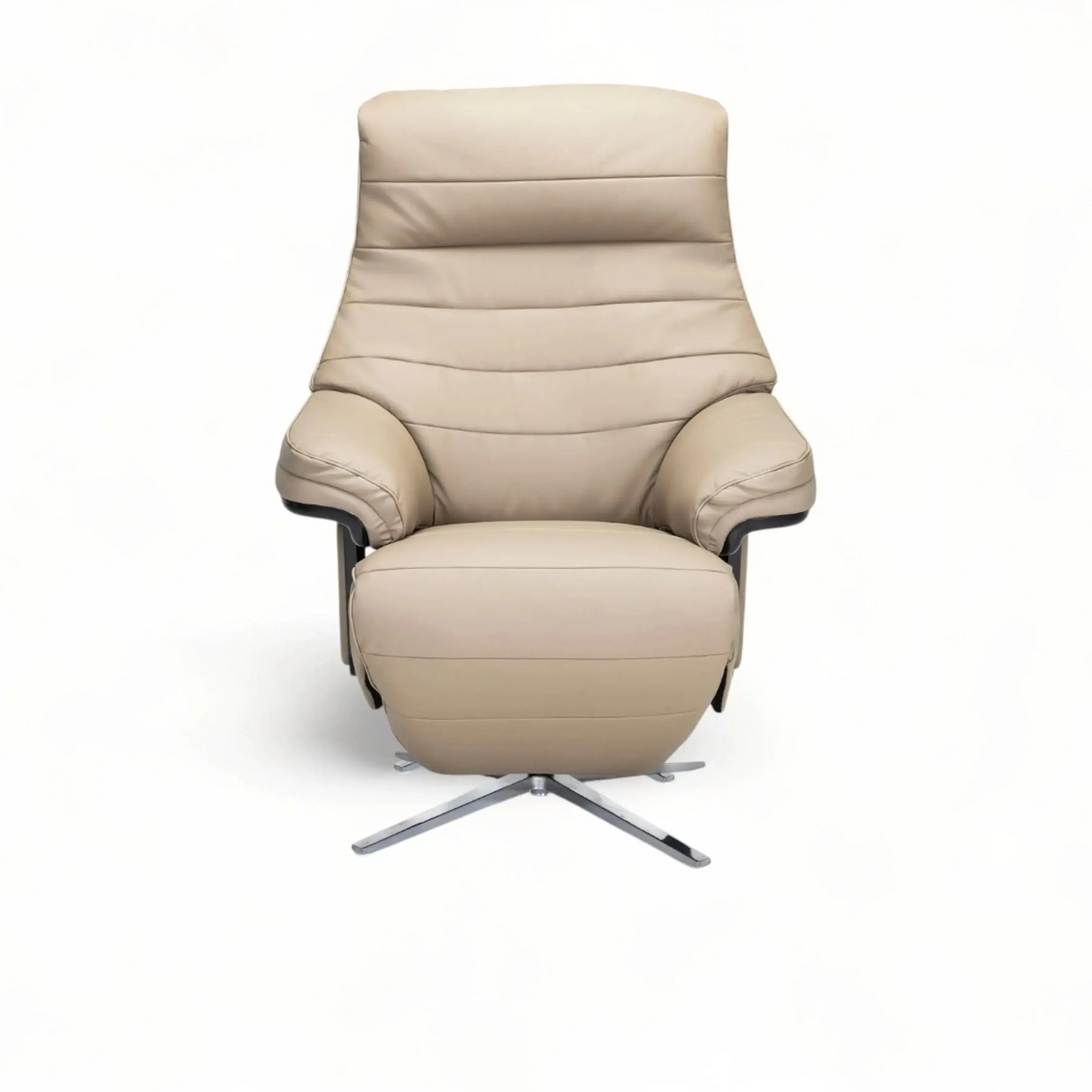 Poltrona Elétrica Aurora – poltrona em couro nude com chaise elétrico e base metálica giratória