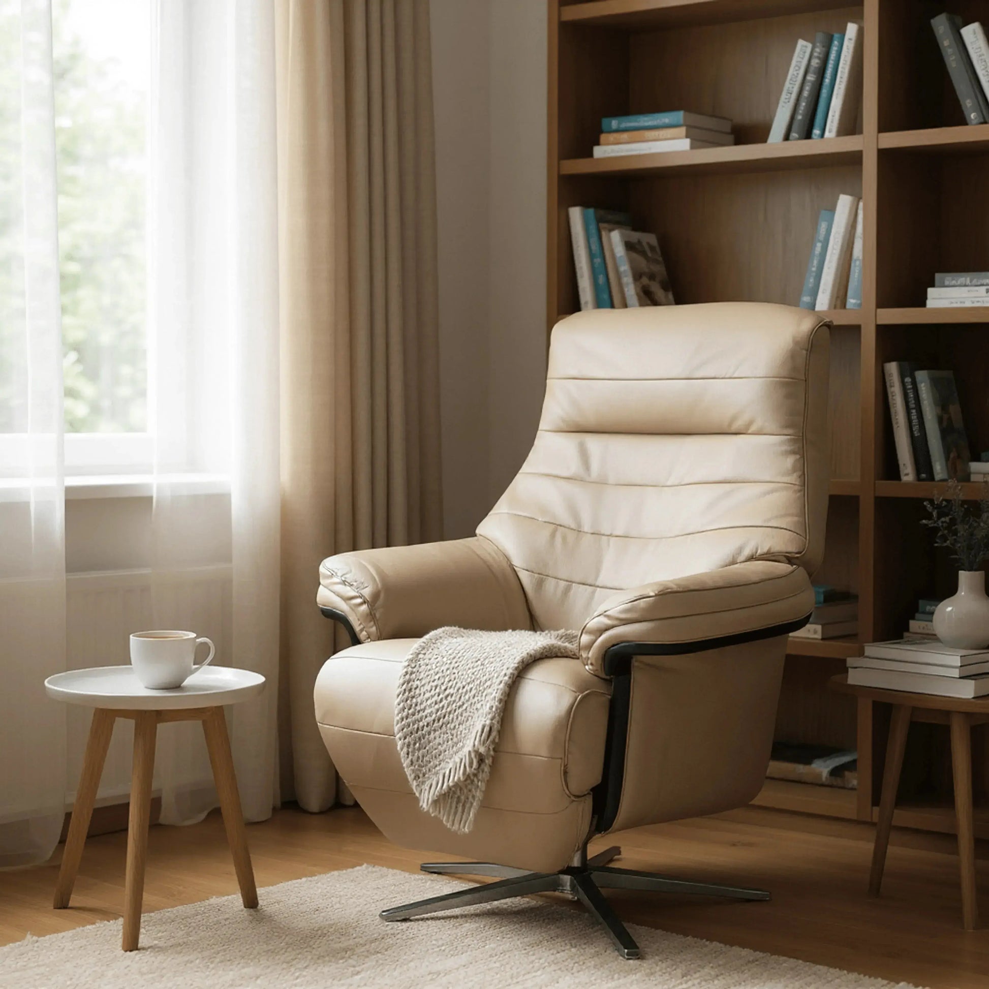 Poltrona Elétrica Aurora – poltrona em couro nude com chaise elétrico e base metálica giratória