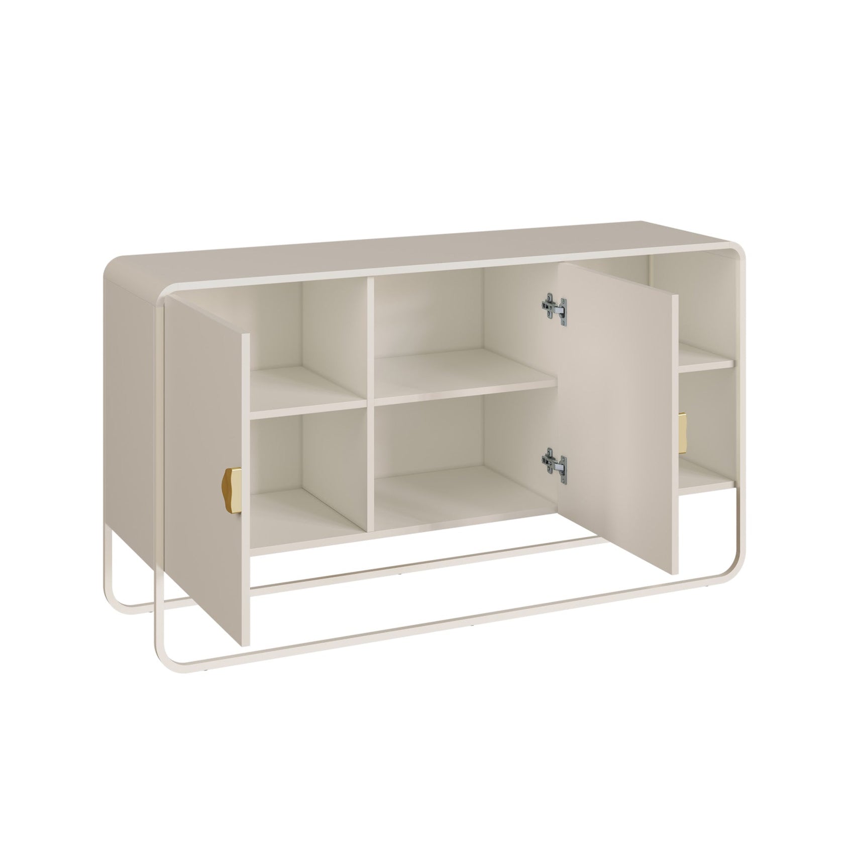 Balcão buffet off-white com portas abertas e prateleiras internas, pés metálicos