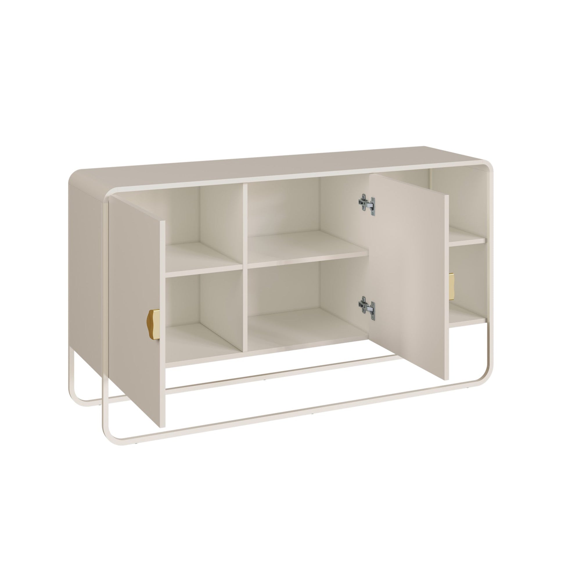 Balcão buffet off-white com portas abertas e prateleiras internas, pés metálicos