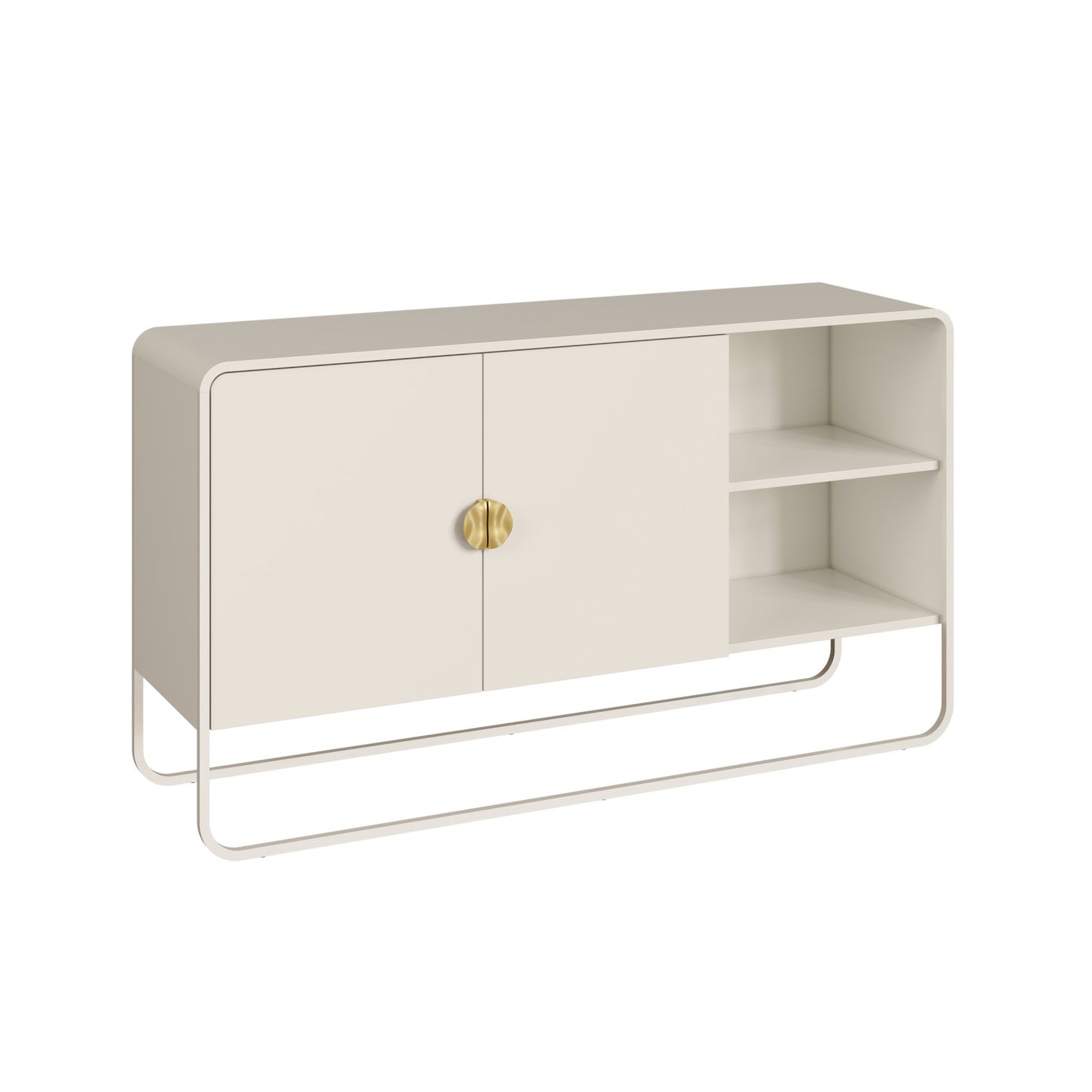 Balcão buffet off-white com portas e nicho à direita, pés metálicos e puxador dourado