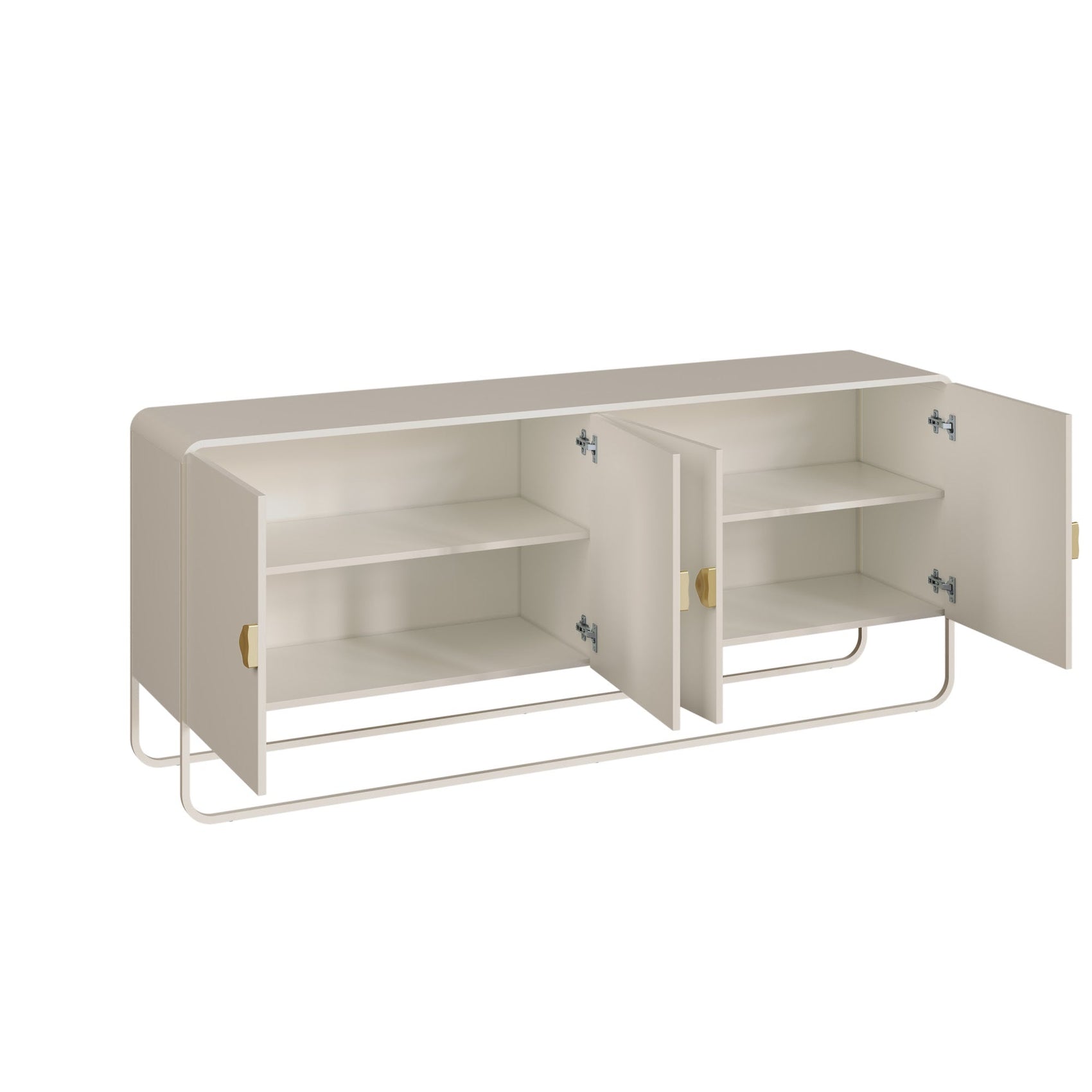 Balcão buffet offwhite aberto: 2 portas, nichos internos e pés metálicos.