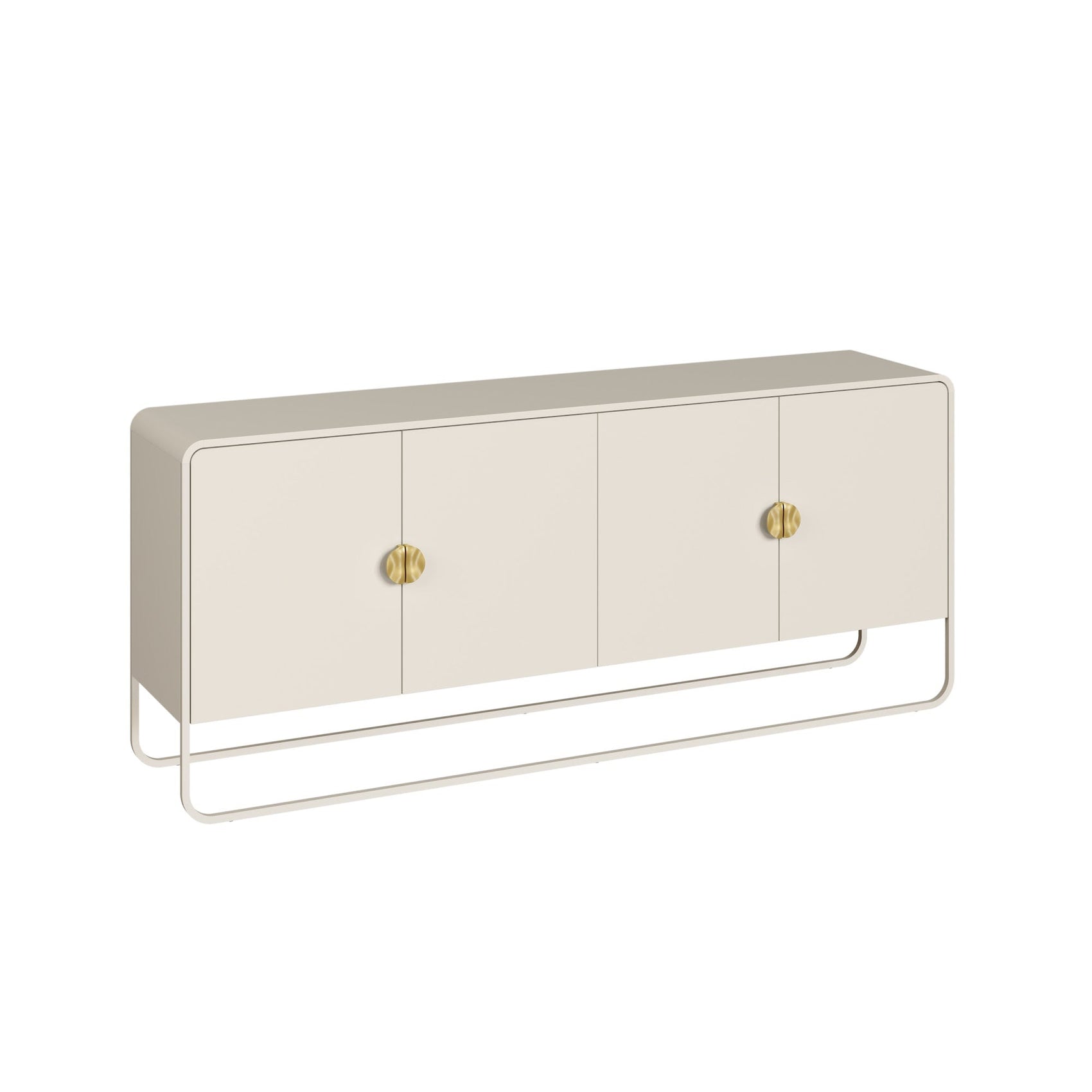 Balcão buffet offwhite com 4 portas e puxadores dourados, com estrutura em metal.