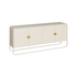 Balcão buffet offwhite de cantos arredondados com quatro portas e base offwhite em arco, vista de três quartos