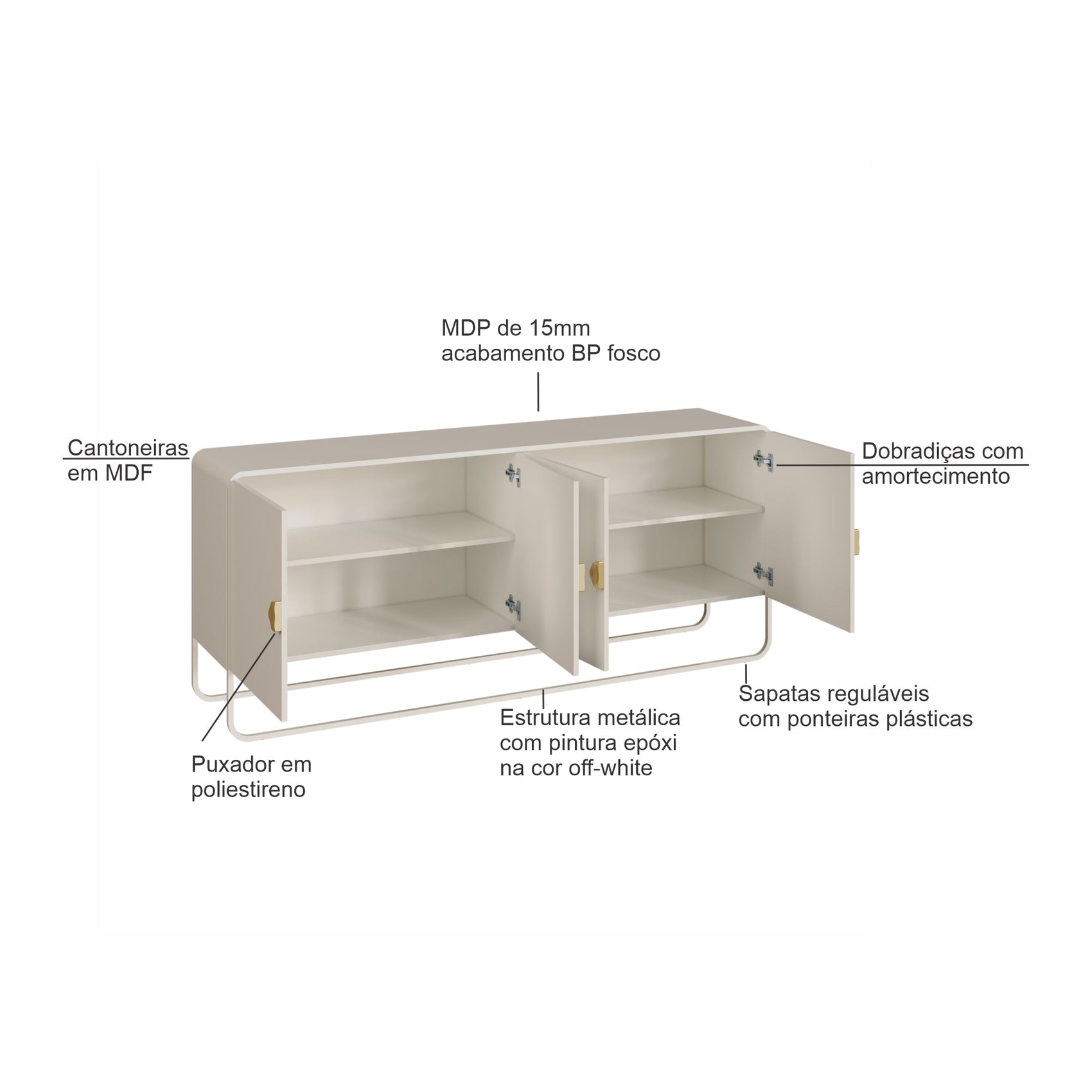 Balcão buffet offwhite com 4 portas, prateleiras internas e pés metálicos.