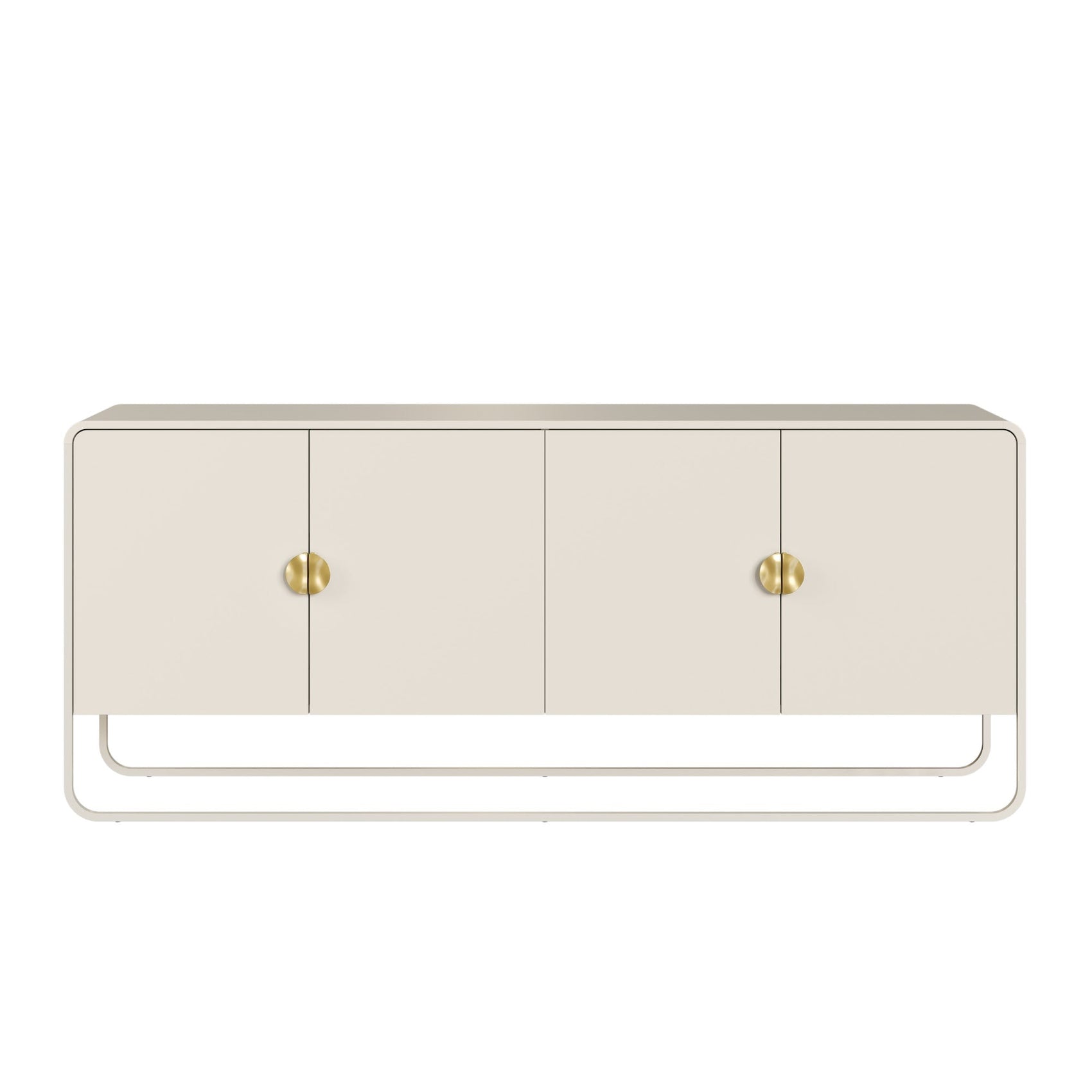 Balcão buffet offwhite com 4 portas e pés metálicos, acabamento liso.