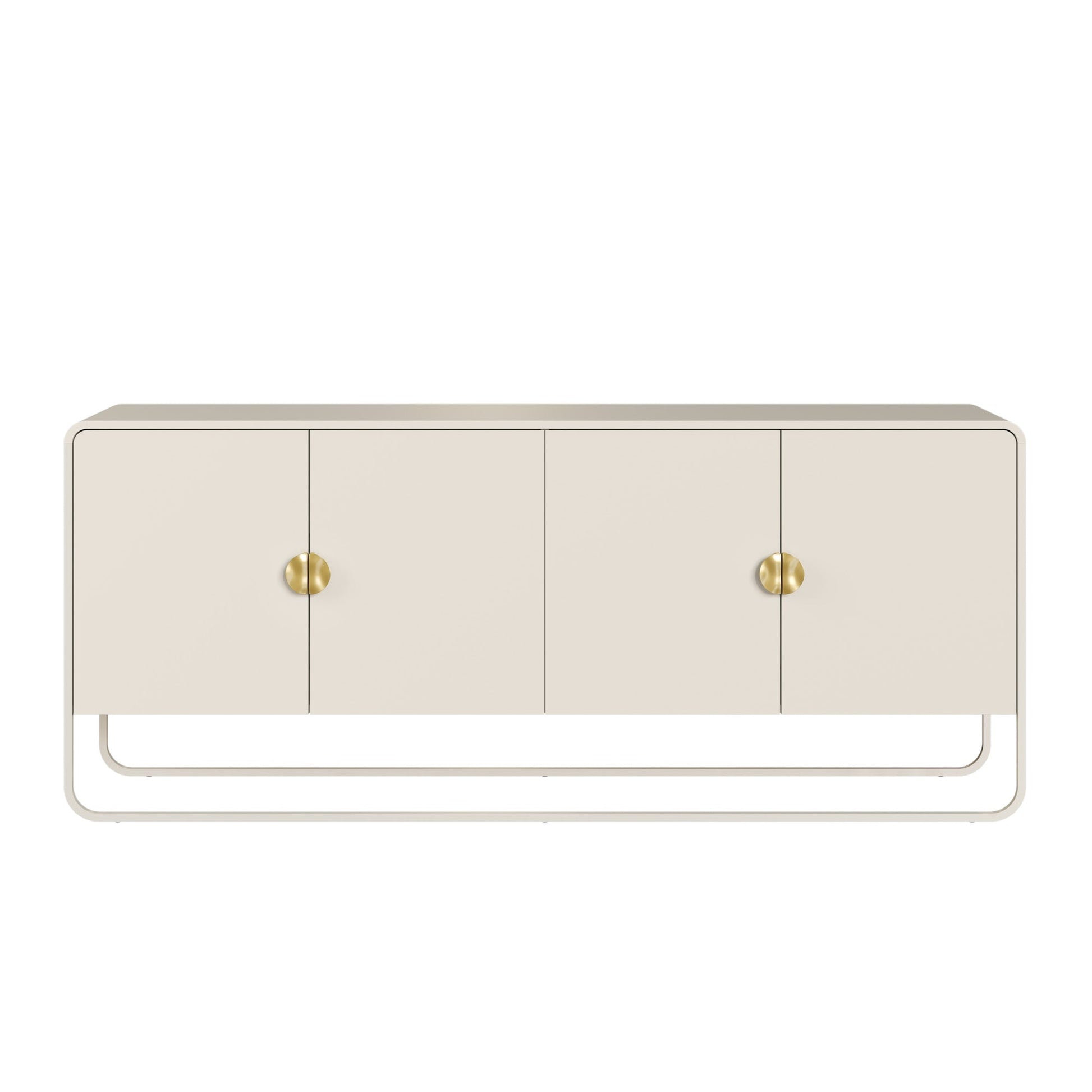 Balcão buffet offwhite com 4 portas e pés metálicos, acabamento liso.