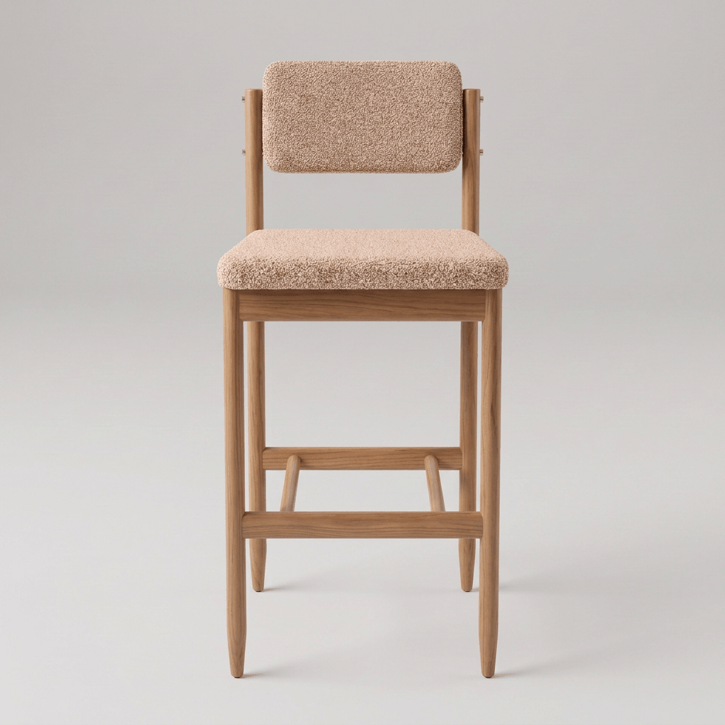 Banqueta de estrutura de madeira com assento e encosto estofados de tecido texturizado, vista frontal