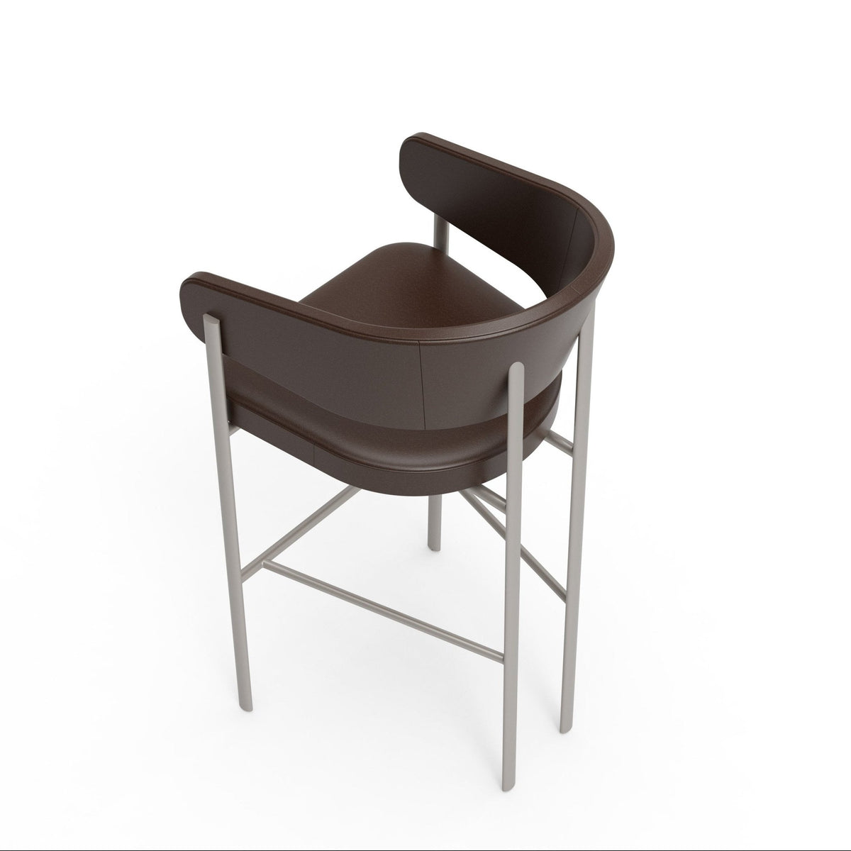 Banqueta de estrutura metálica tubular com travessas e encosto envolvente, vista superior