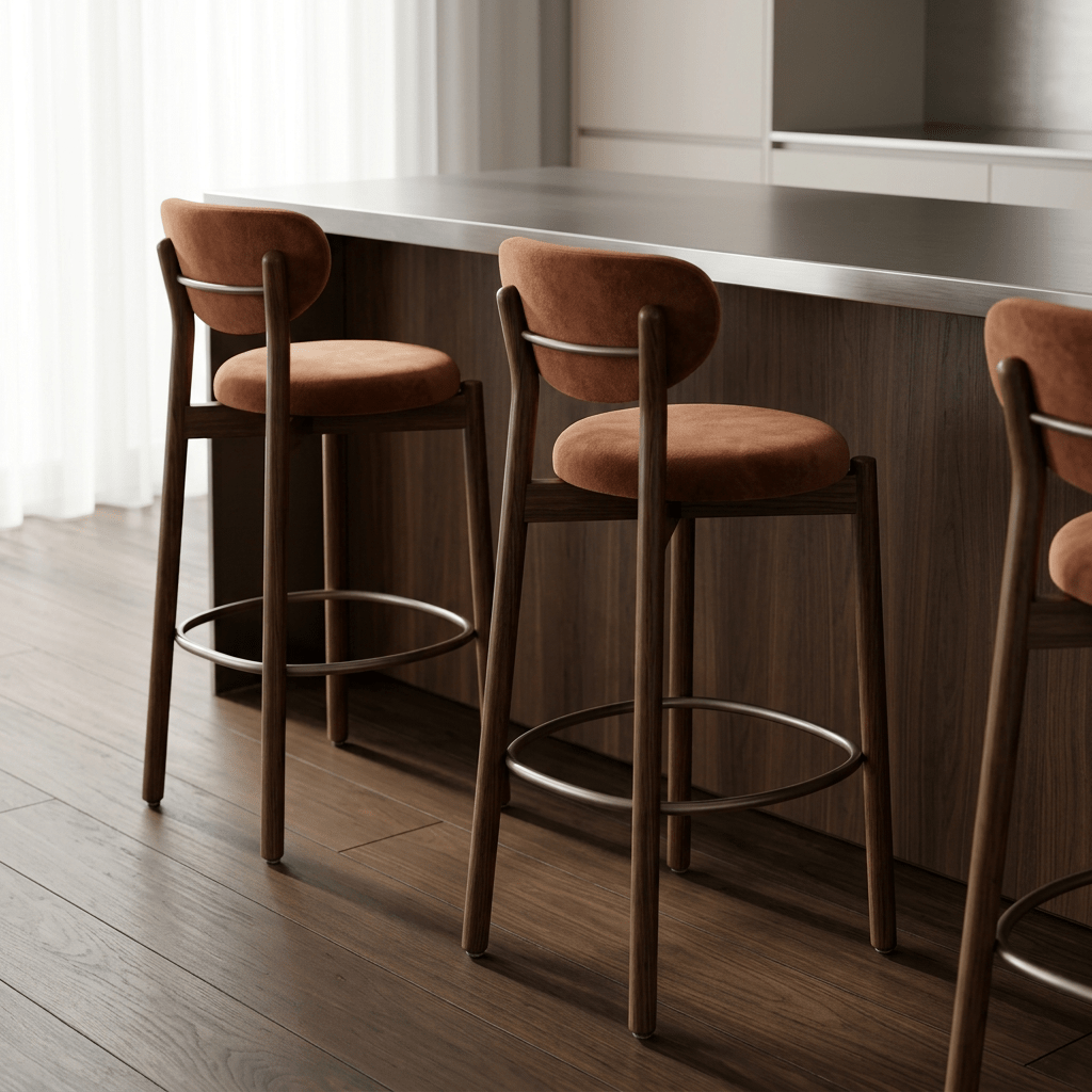 Banquetas enfileiradas junto à bancada de cozinha com piso de madeira e cortina clara
