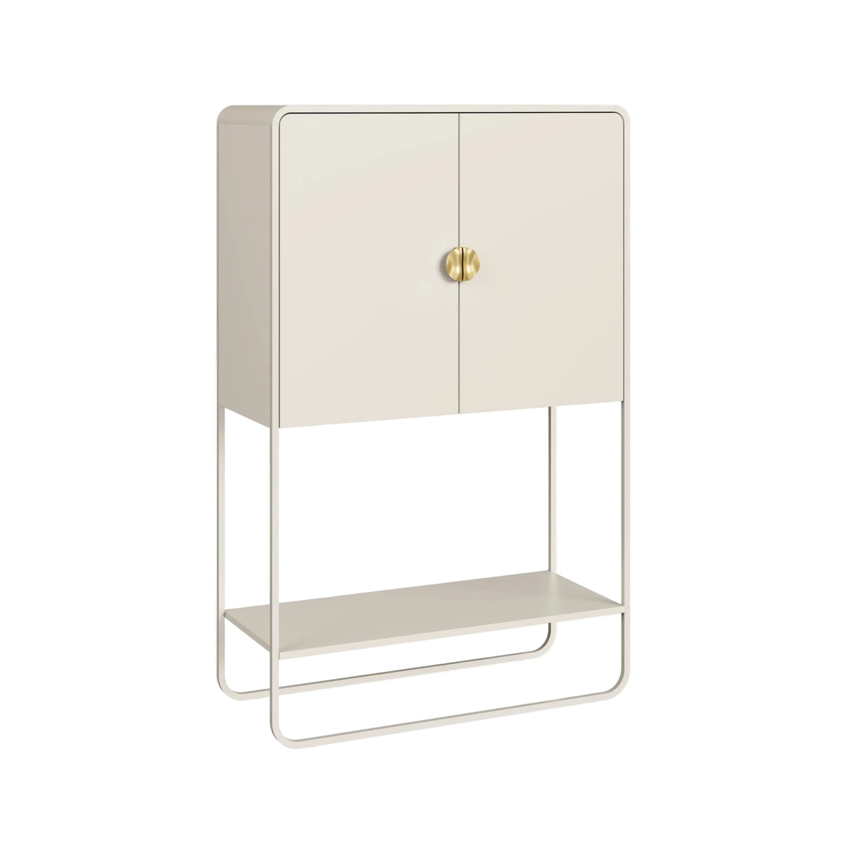 Bar offwhite com duas portas, puxador dourado redondo e prateleira inferior aberta, vista de três quartos