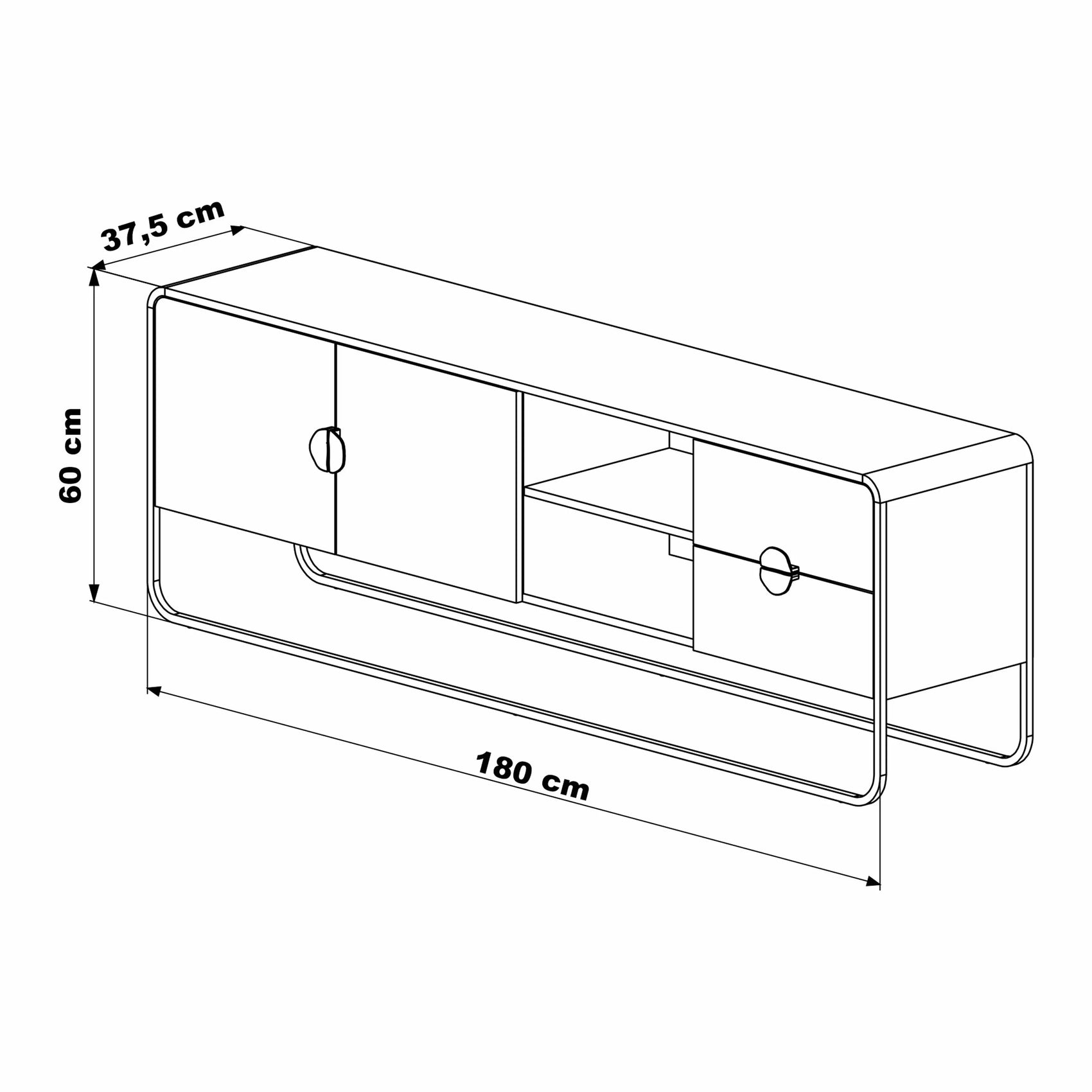 Rack Dalia 180cm 2 Portas e 2 Gavetas acabamento Nero/Preto com pés metálicos