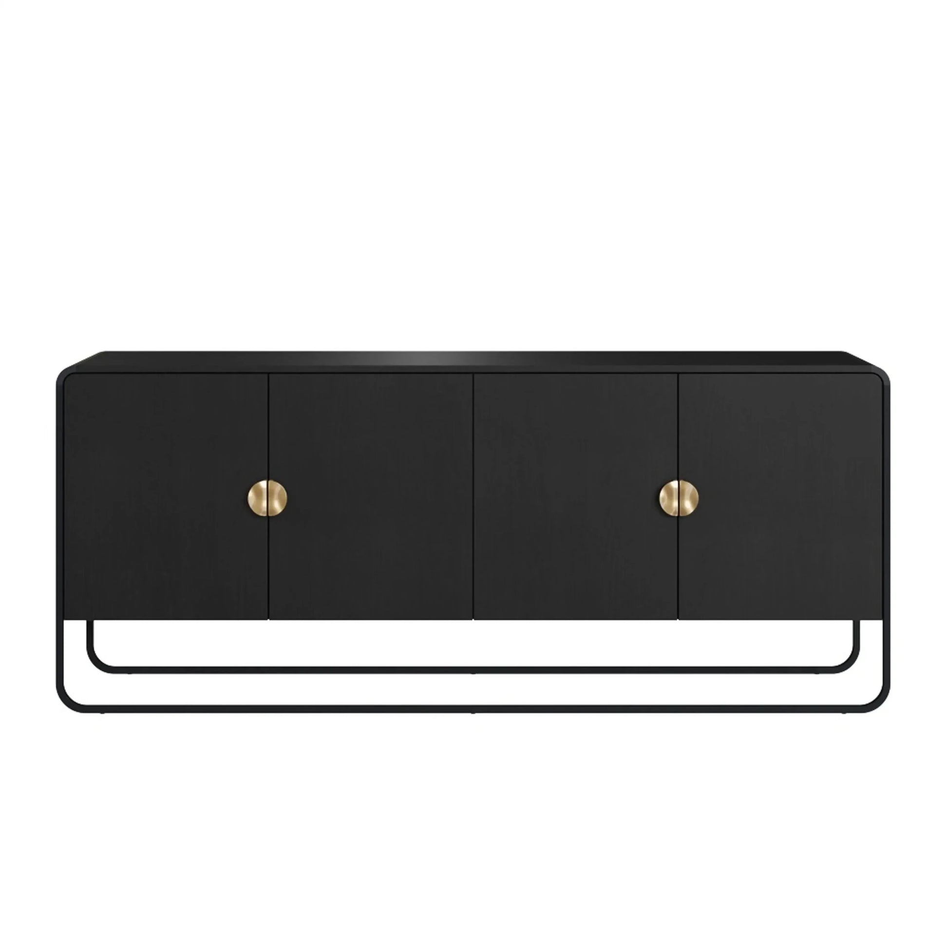 Balcão buffet preto com 4 portas e puxadores dourados, pés de metal em estrutura preta.