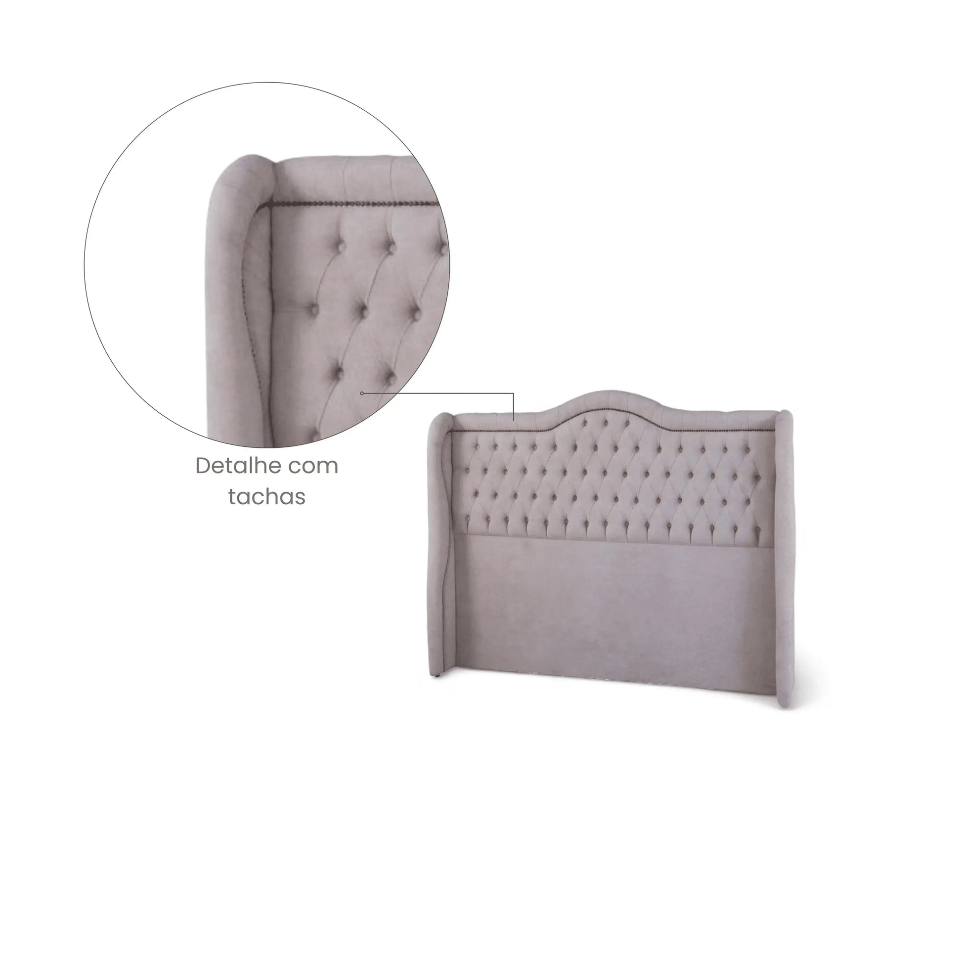 Cabeceira Leonora – cabeceira estofada com capitonê em losangos e tachas metálicas em linho ou bouclé
