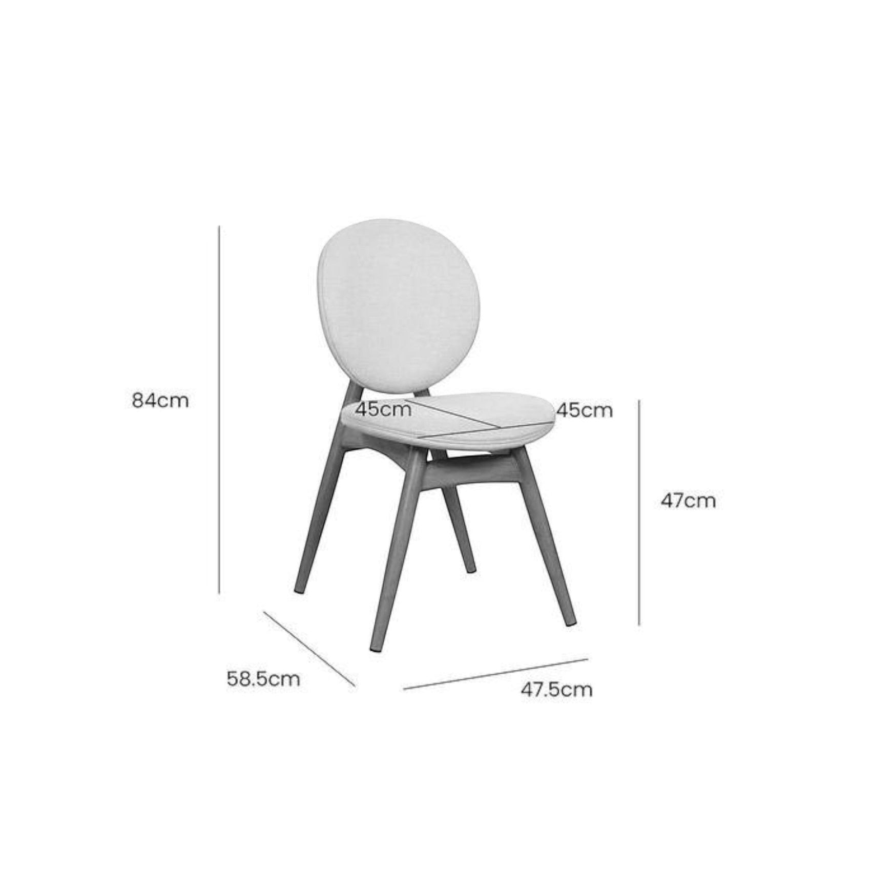 Cadeira cinza com medidas: altura 84 cm, largura 45 cm e profundidade 58,5 cm