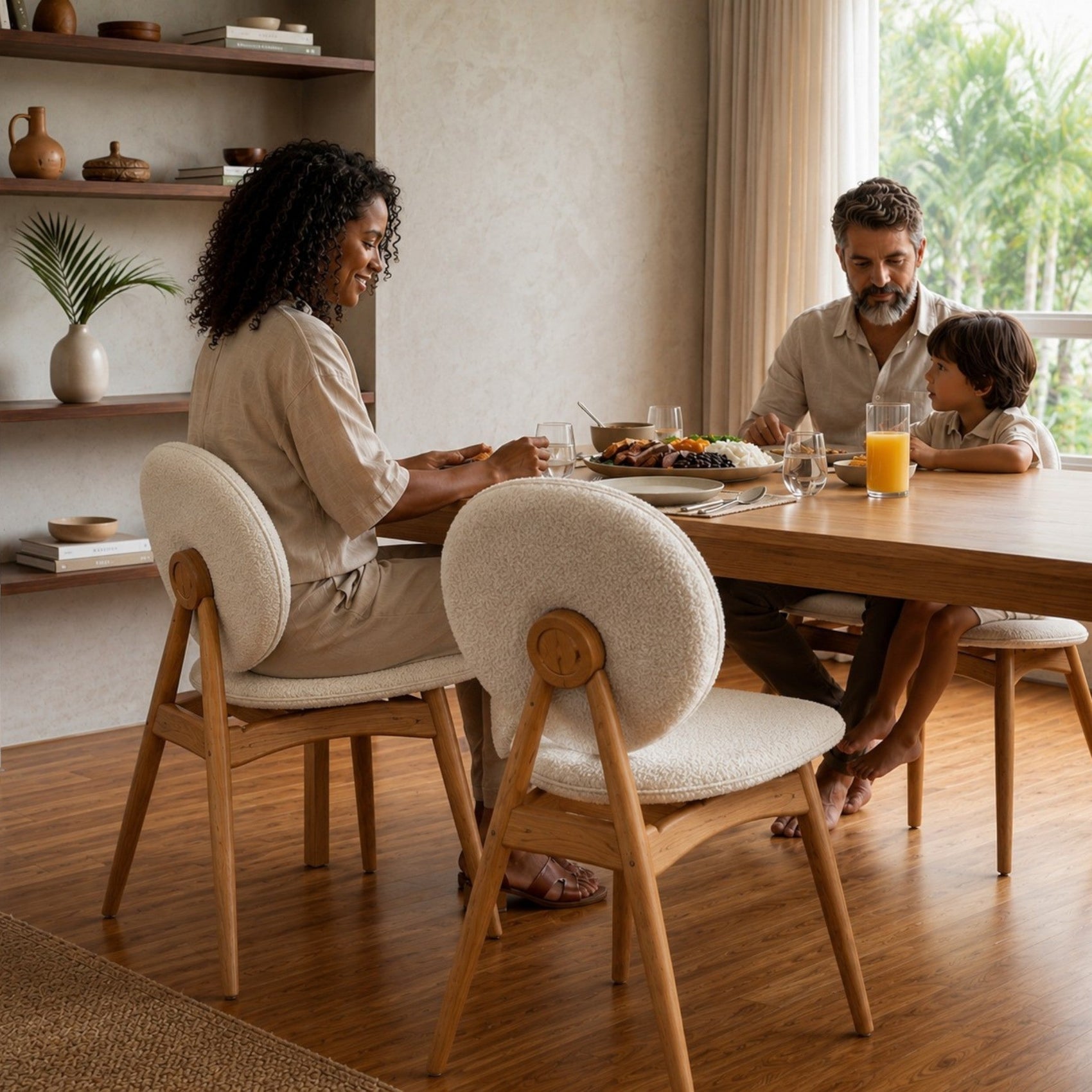 Cadeira estofada com encosto circular e assento bege, base de madeira e formato elegante