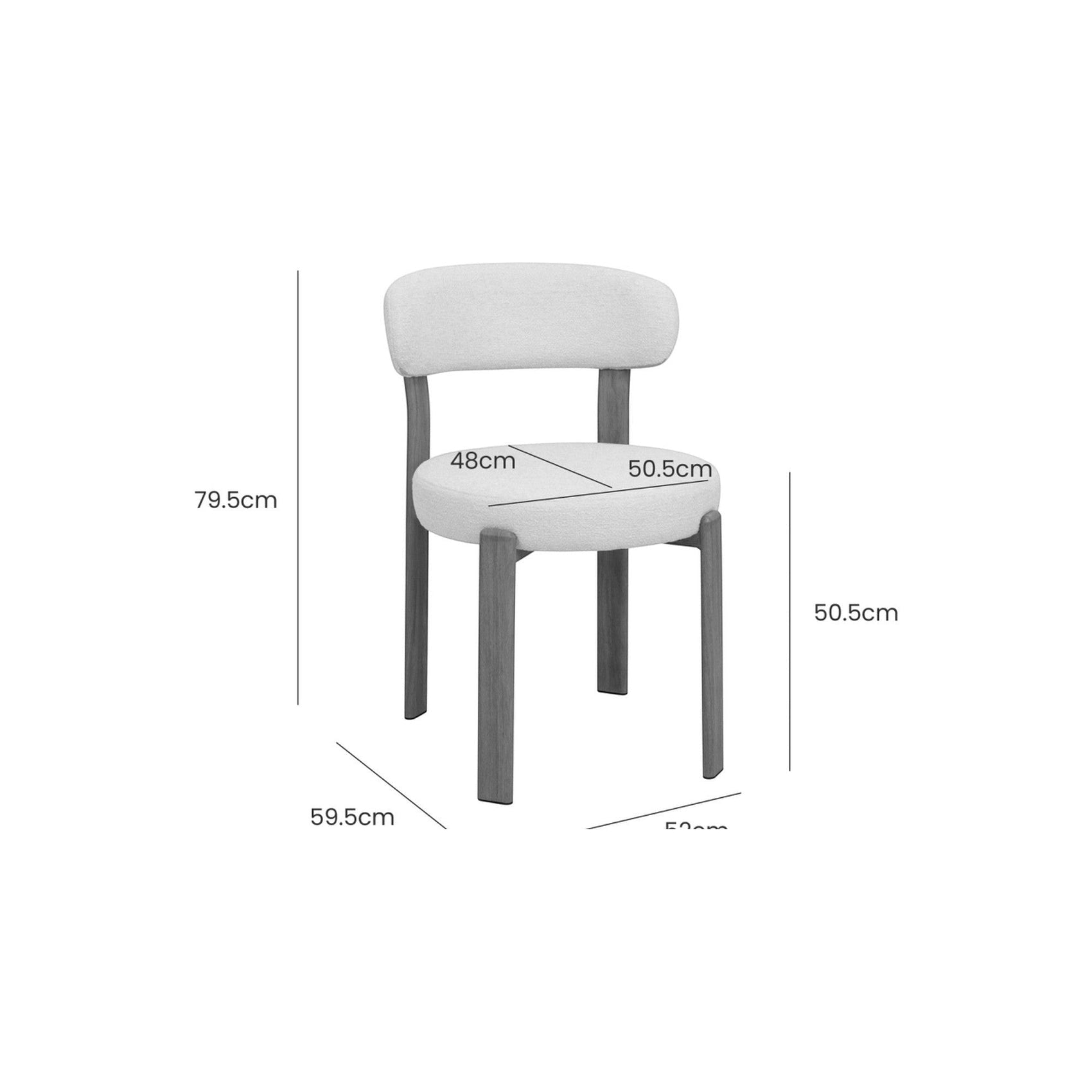 Cadeira concha bege claro: 79,5 cm altura; assento 48×50,5 cm; 59,5 cm profundidade