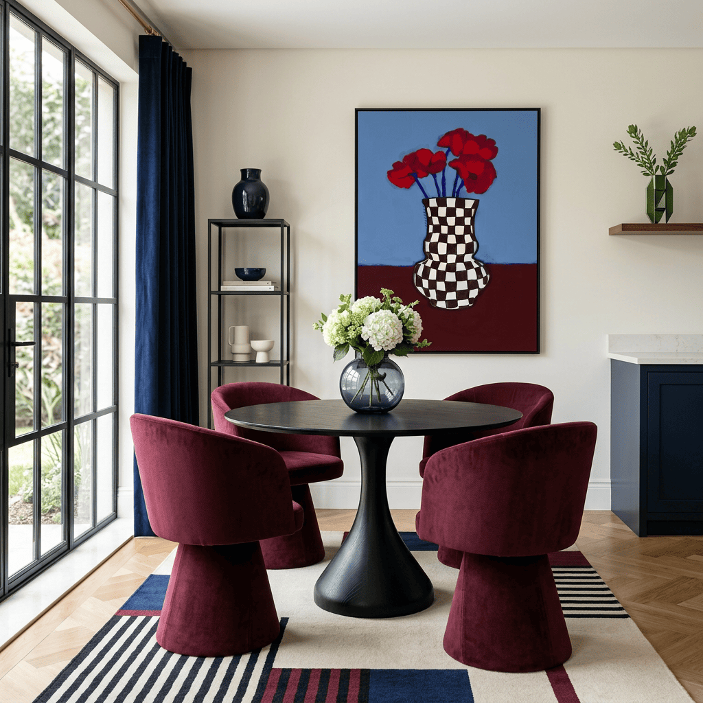Cadeiras de base central ao redor de mesa redonda em sala de jantar com janela ampla, quadro e tapete listrado