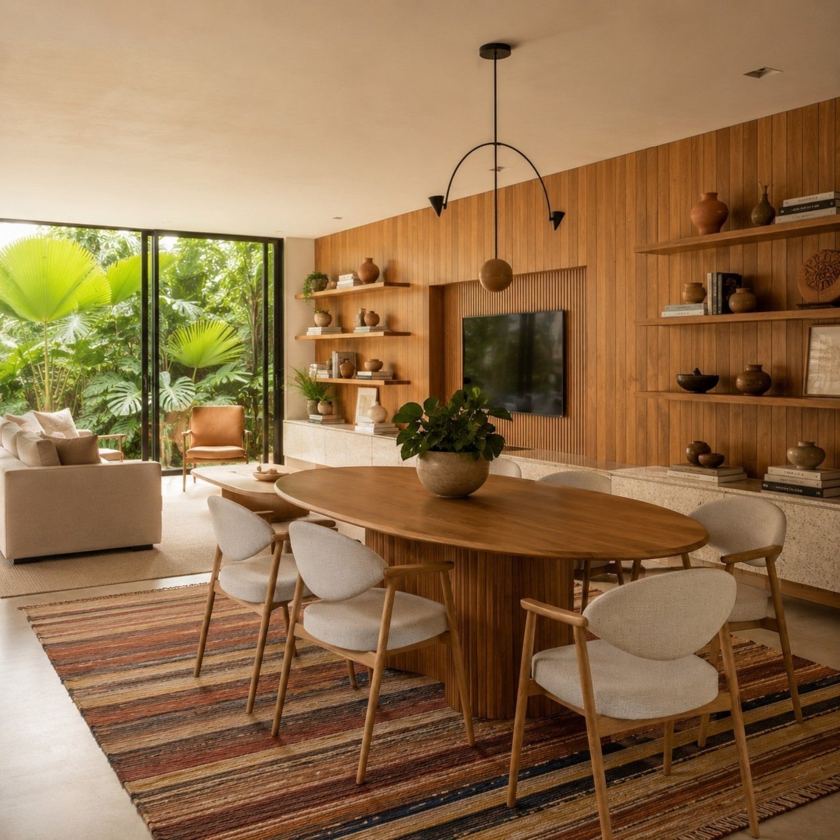 Cadeira estofada de tecido claro com braços, em ambiente interno próximo a mesa