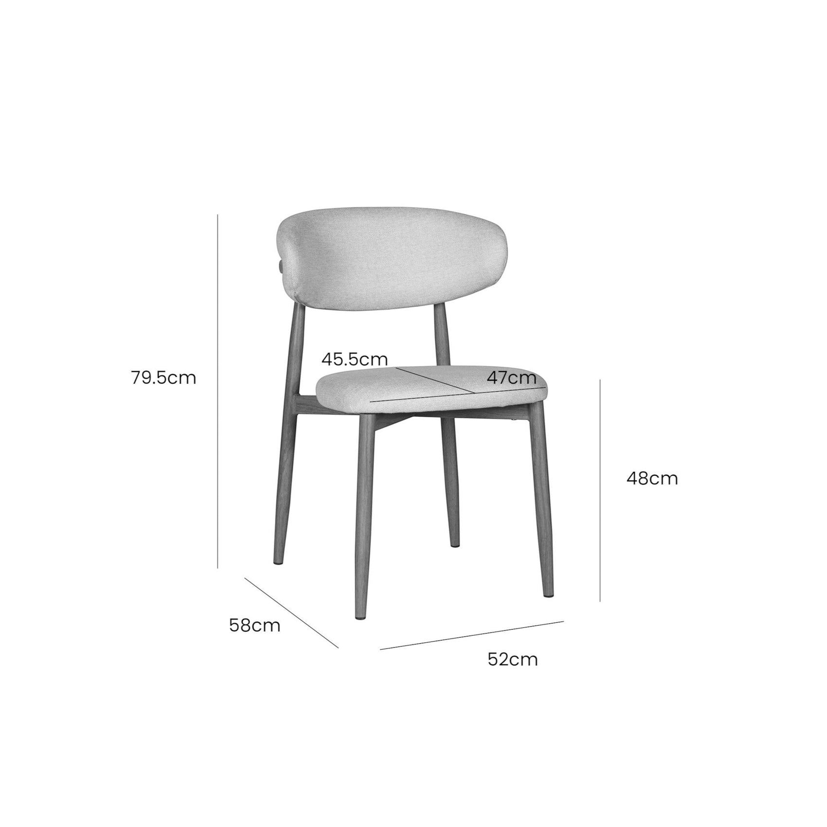 Cadeira Mavie cinza com medidas: 58cm L, 52cm P, 79,5cm A, 48cm alt.